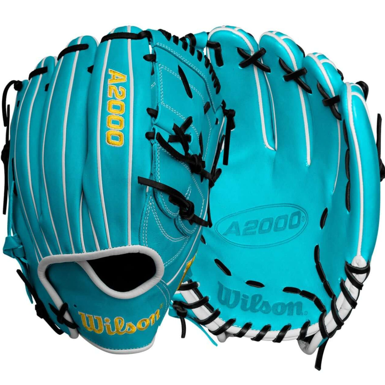 Wilson A2000 SA17 B2 Pitcher's glove in black and teal, designed for control and power, featuring modified wrist strap.