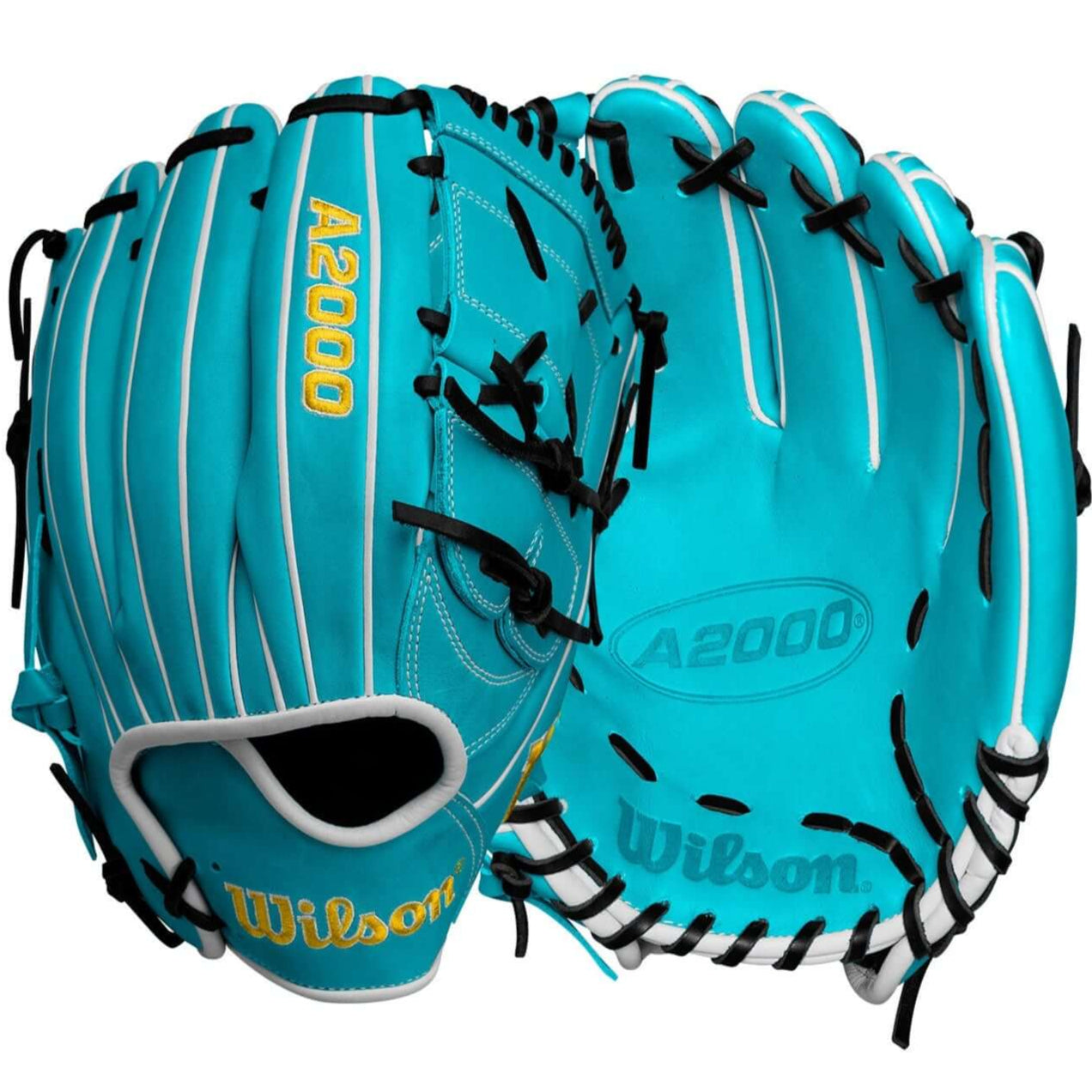 Wilson A2000 SA17 pitcher’s glove in teal and white, featuring modified wrist strap for improved control and comfort.