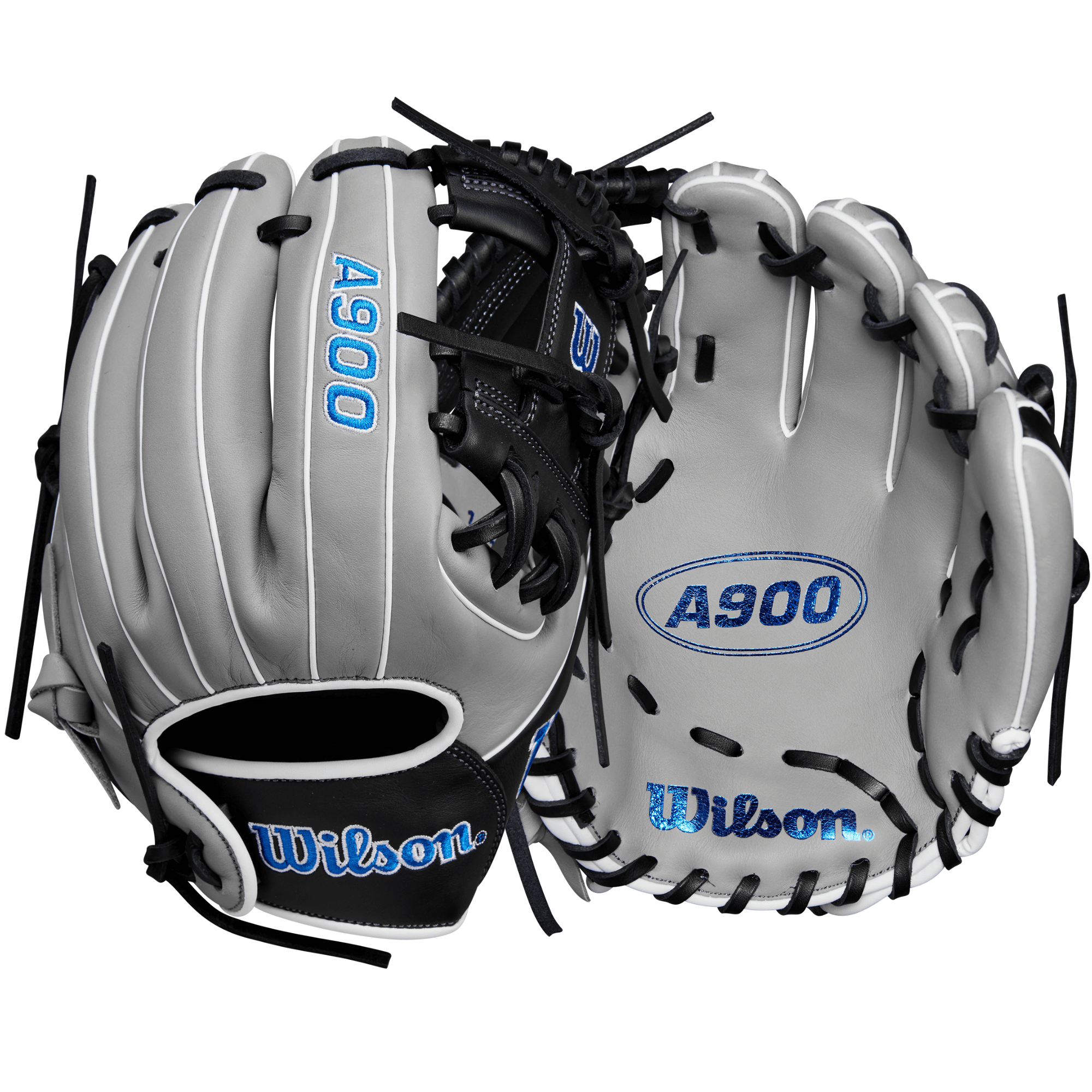 Wilson A900 PF1125 baseball glove in grey and black with royal blue accents, designed for youth players aged 8-12.