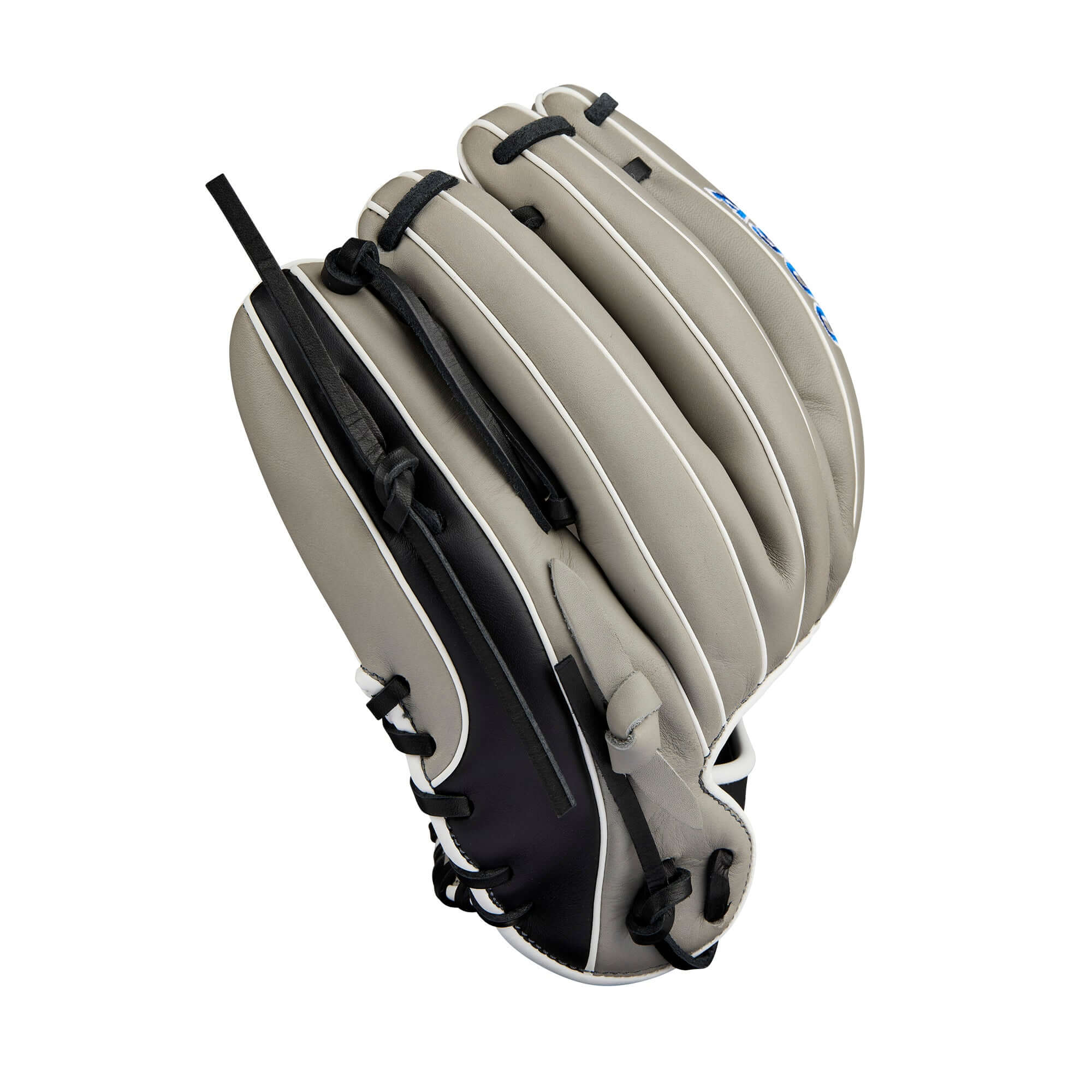 BTL Wilson 2024 A900 PF1125 baseball glove in grey, black, and royal, designed for youth players with Pedroia Fit technology.