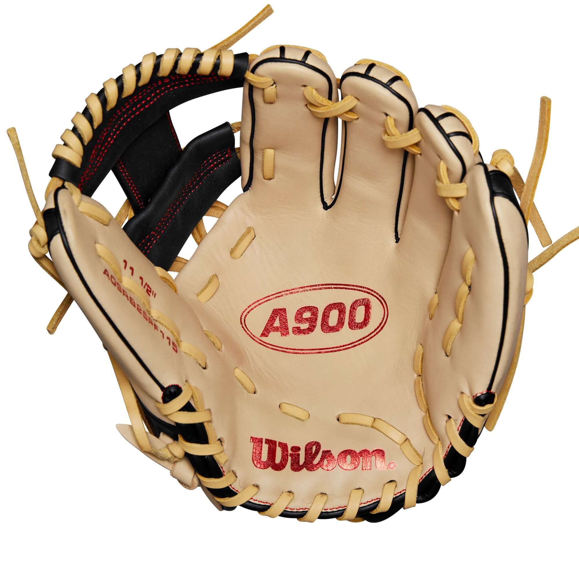 Wilson A900 PF115 glove in blonde, black, and red, 11.5” size, designed for youth players 8-12, featuring Pedroia Fit technology.