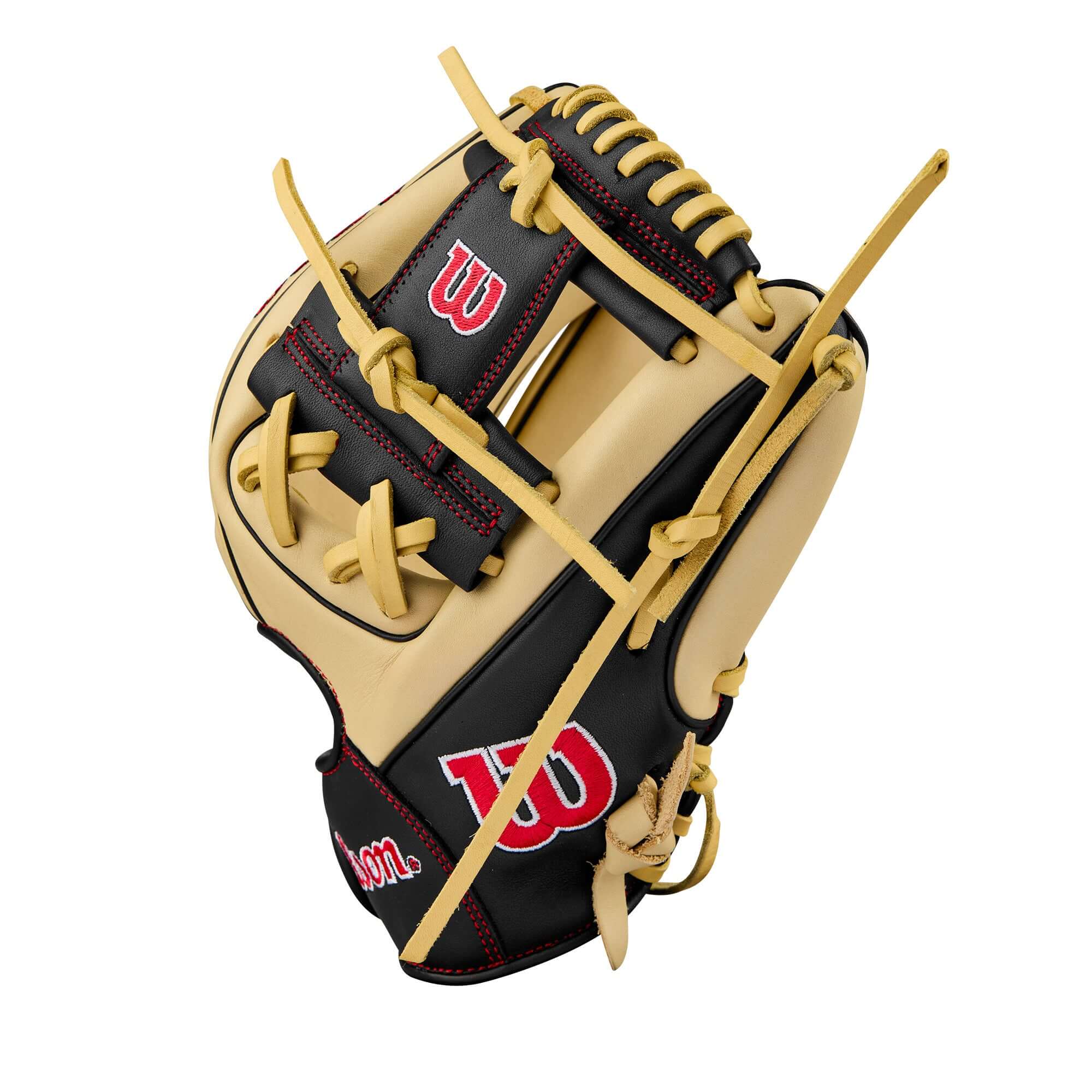 BTL Wilson 2024 A900 PF115 Pedroia Fit glove in blonde, black, and red, designed for youth players.