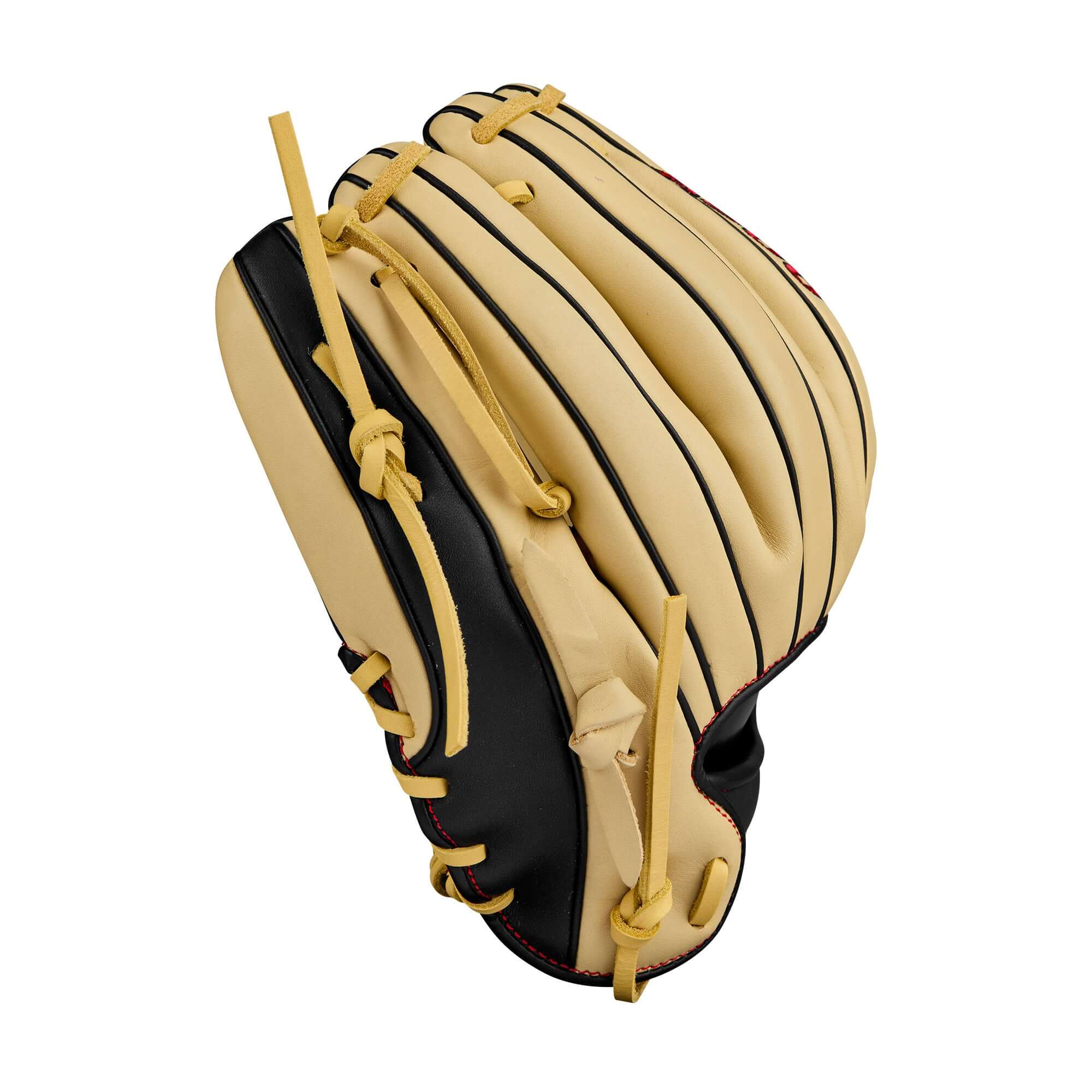 BTL Wilson A900 PF115 Pedroia Fit baseball glove in blonde, black, and red, designed for youth players aged 8-12.