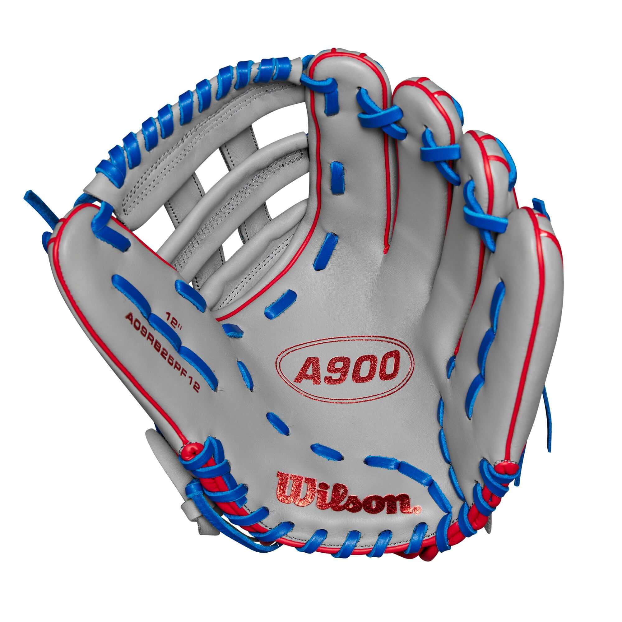 Wilson 2024 A900 PF12 Pedroia Fit Utility Baseball Glove in Grey, Red, and Royal for youth players aged 8-12.