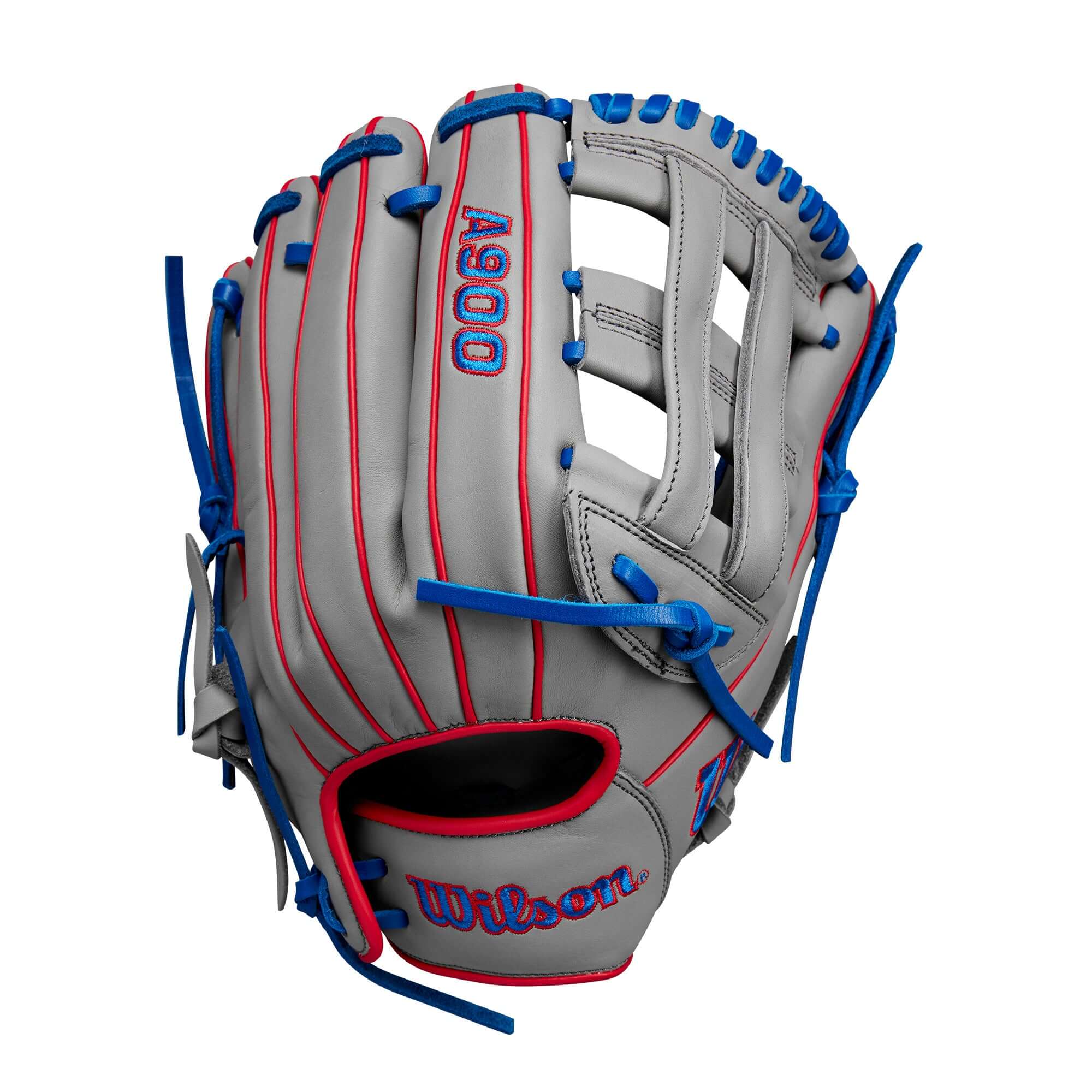 Wilson A900 PF12 Pedroia Fit baseball glove in grey and blue, designed for youth players ages 8-12, 12” left-hand throw.