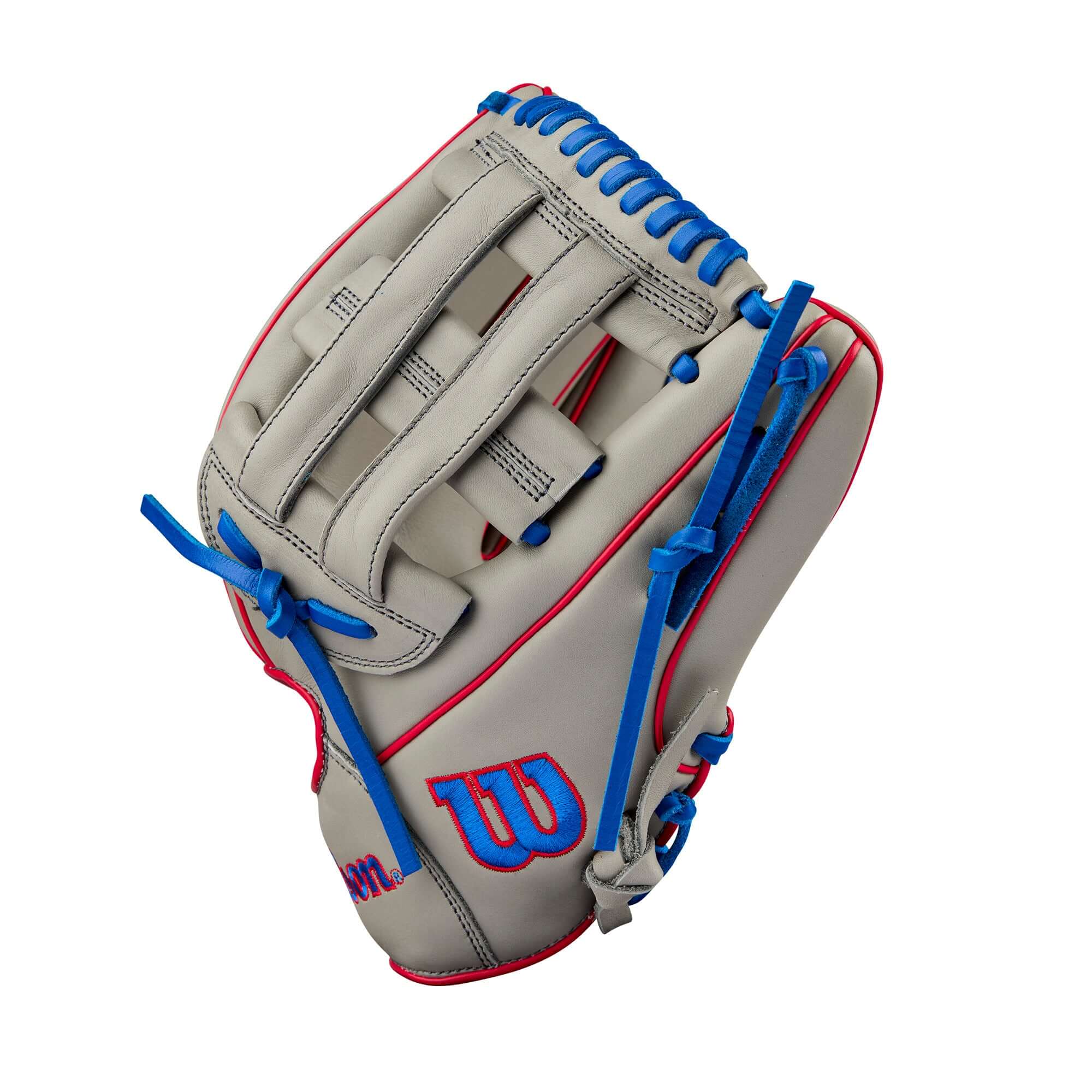 BTL Wilson 2024 A900 PF12 Pedroia Fit Utility Baseball Glove 12” LHT in grey and blue with red accents.
