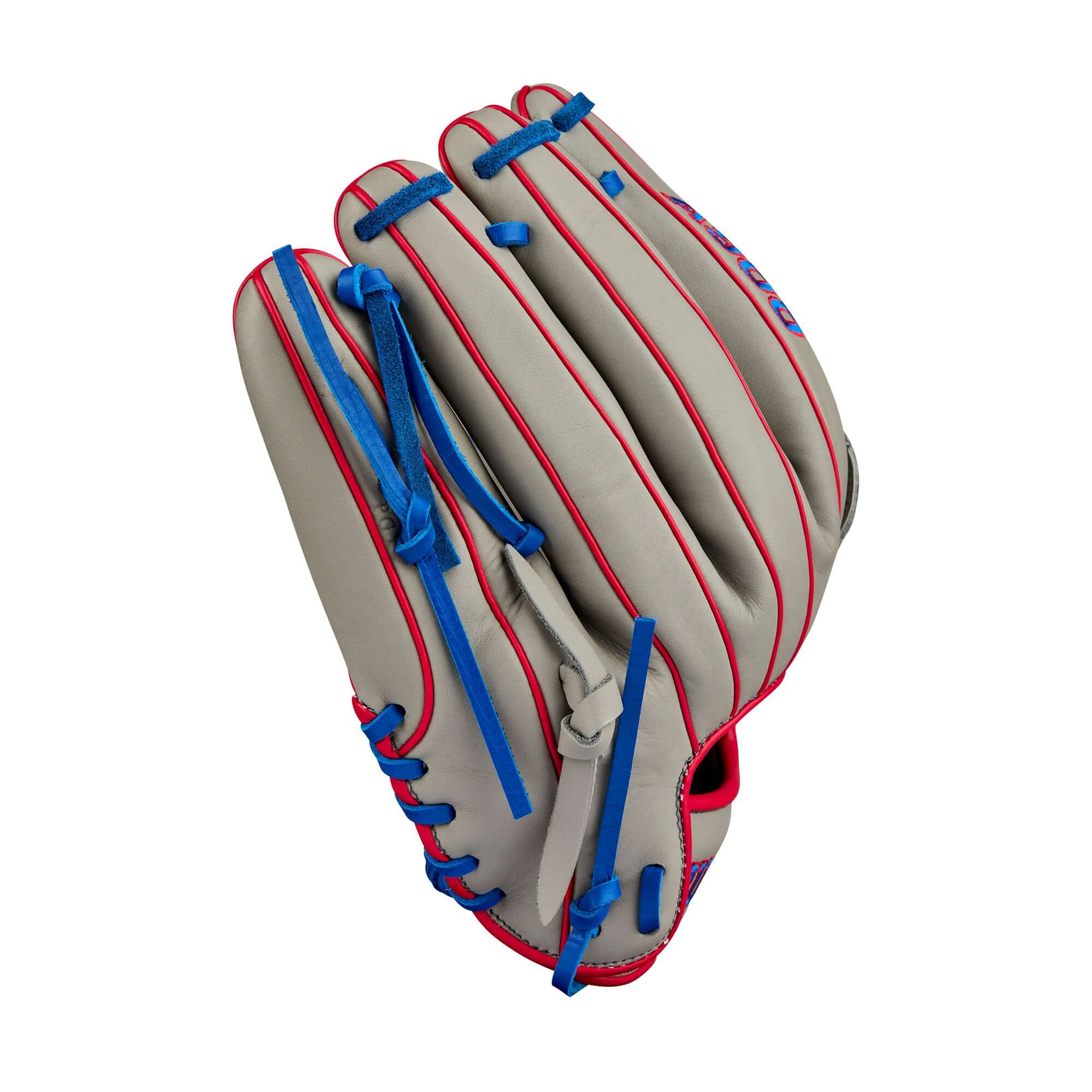 BTL Wilson 2024 A900 PF12 Pedroia Fit utility baseball glove, 12” left-hand throw, featuring soft grey leather and blue accents.