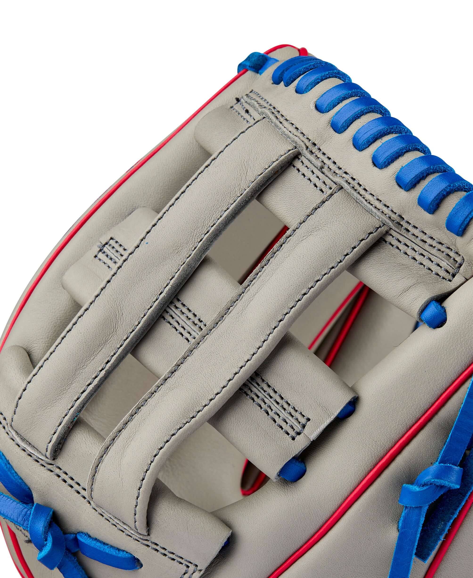 BTL Wilson 2024 A900 PF12 Pedroia Fit 12” baseball glove featuring a soft grey leather design and vibrant blue lacing.