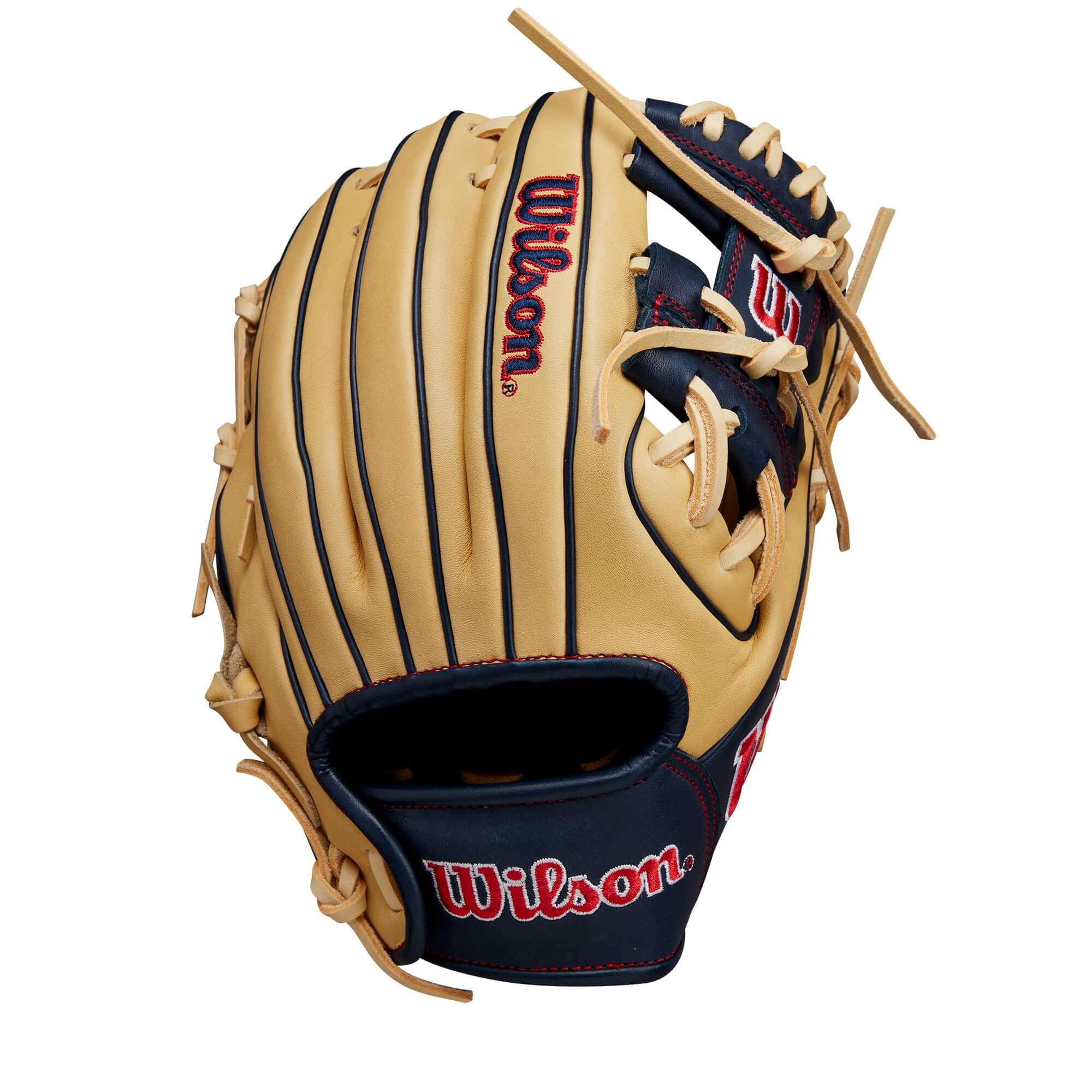 BTL Wilson A1000 PF11 blonde and navy baseball glove, designed for young infielders, 11 inch with H-Web construction.