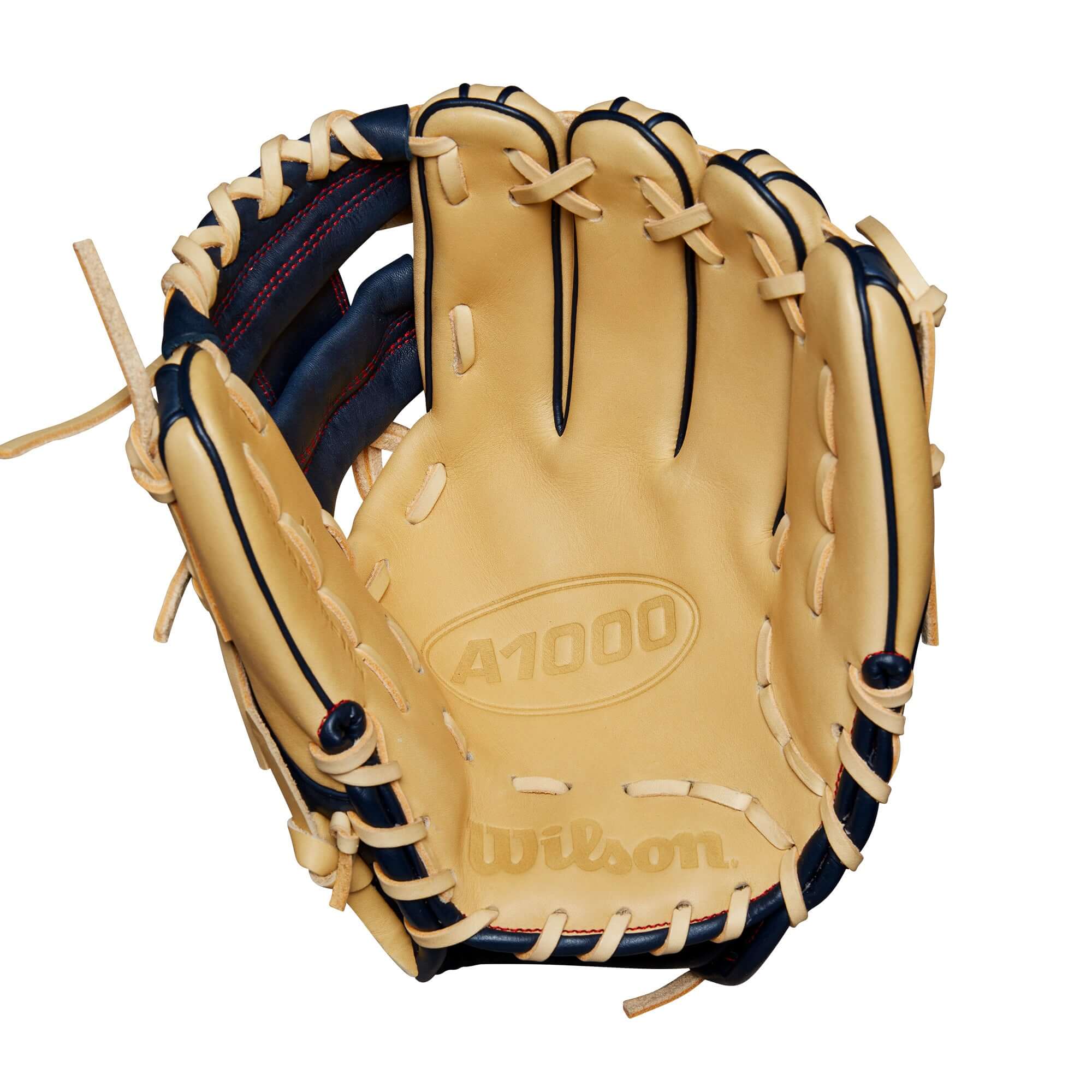 BTL Wilson A1000® PF11 baseball glove in blonde and navy, designed for young infielders with a shallow pocket and H-Web construction.