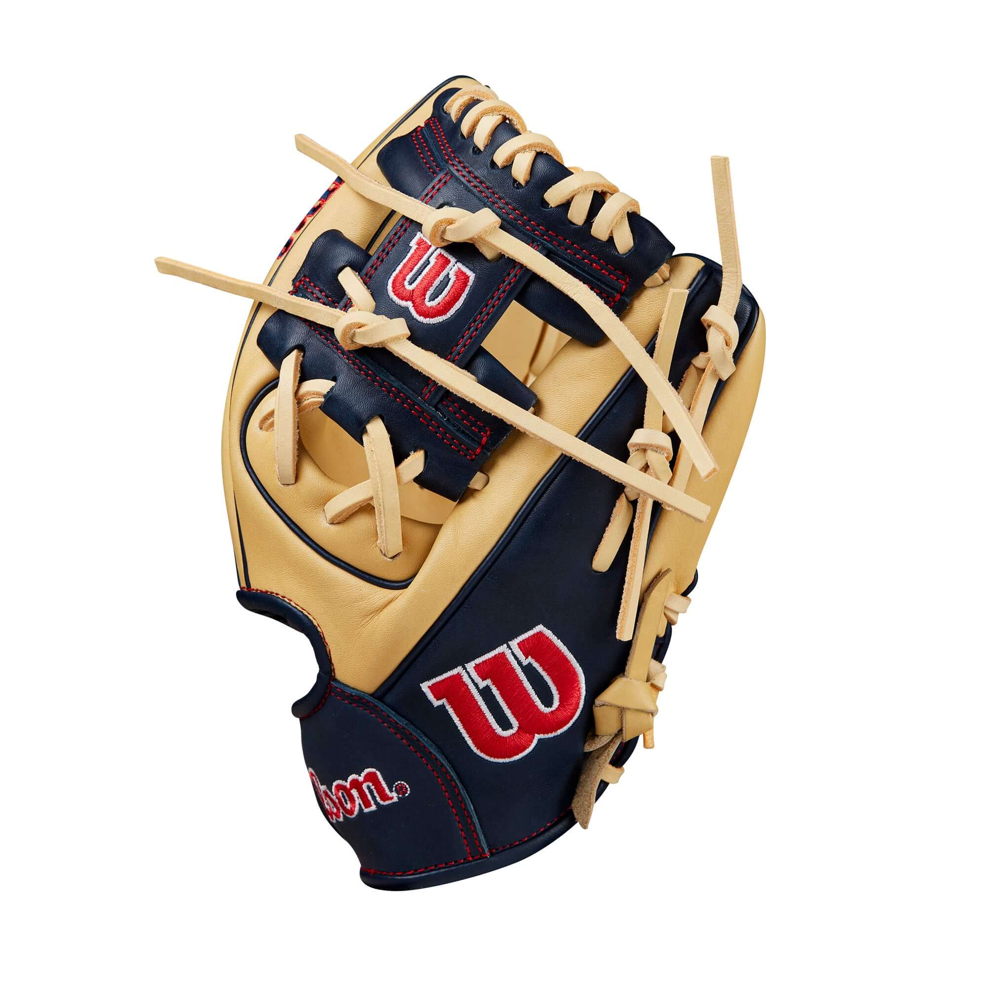 BTL Wilson A1000® PF11 leather glove in blonde, navy, and red for young infielders, featuring H-Web design and Pedroia Fit technology.