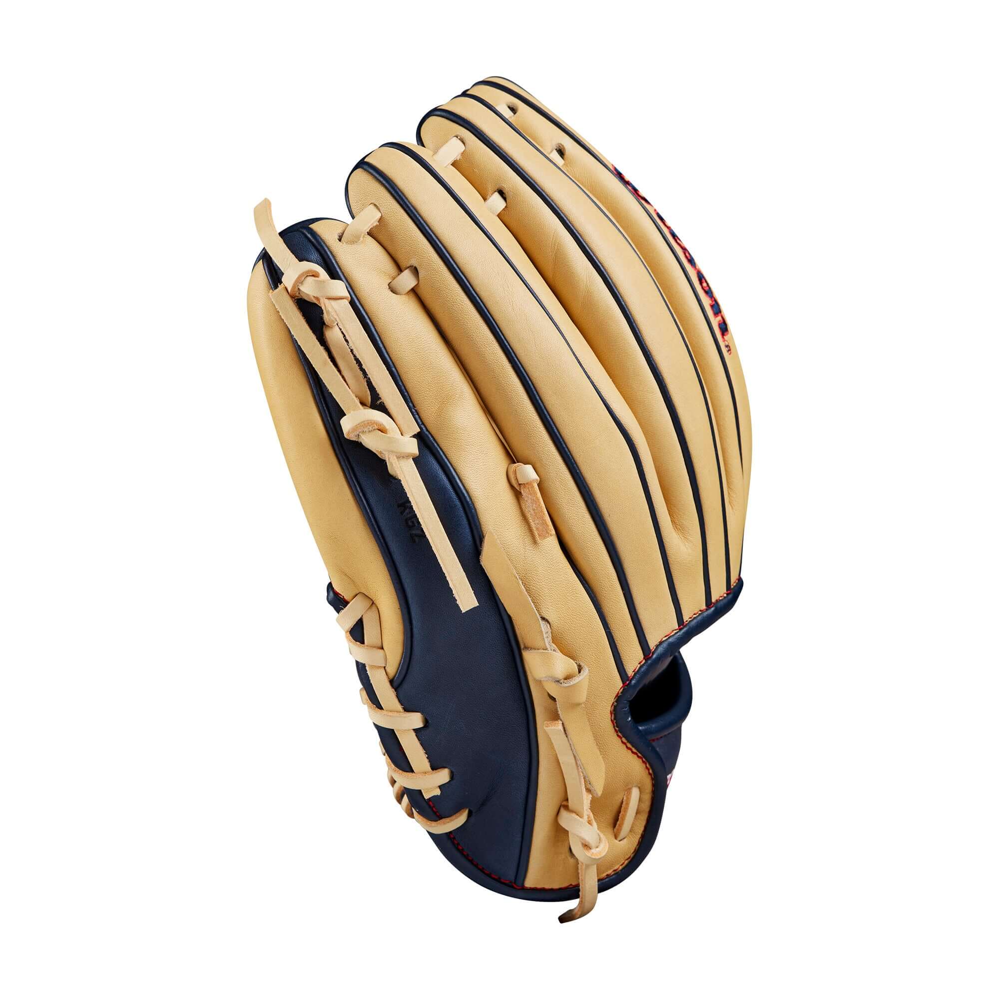 BTL Wilson Fall 2024 A1000® PF11 glove in blonde, navy, and red, designed for young infielders, 11” size.