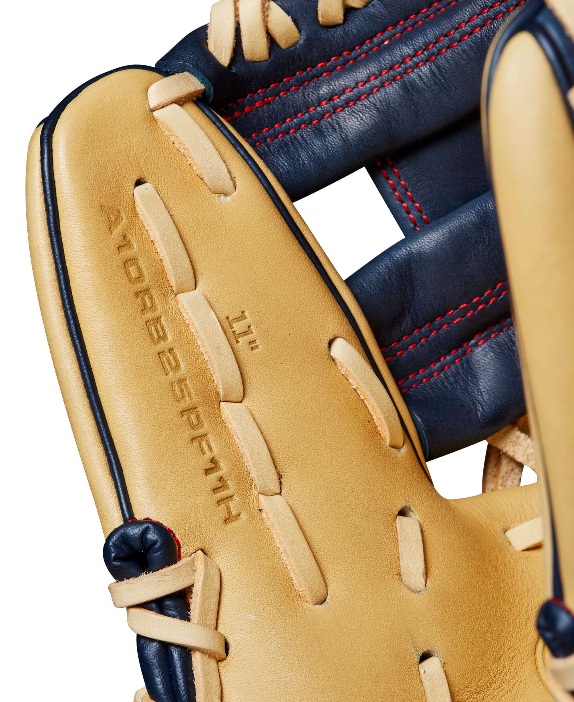 Close-up of BTL Wilson A1000® PF11 glove, highlighting 11” size, Full Grain leather, and H-Web construction.