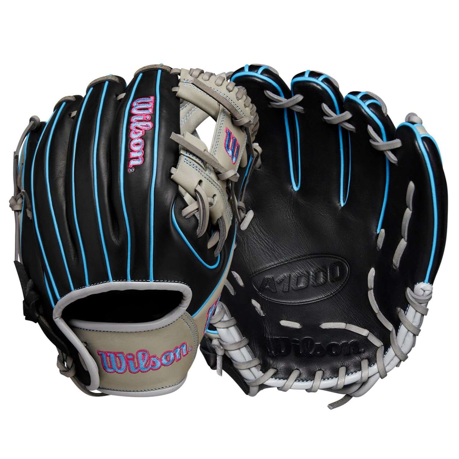 Wilson A1000® DP15 Black/Gray/Cool Blue baseball glove for young infielders, 11.5” with H-Web design and soft leather.