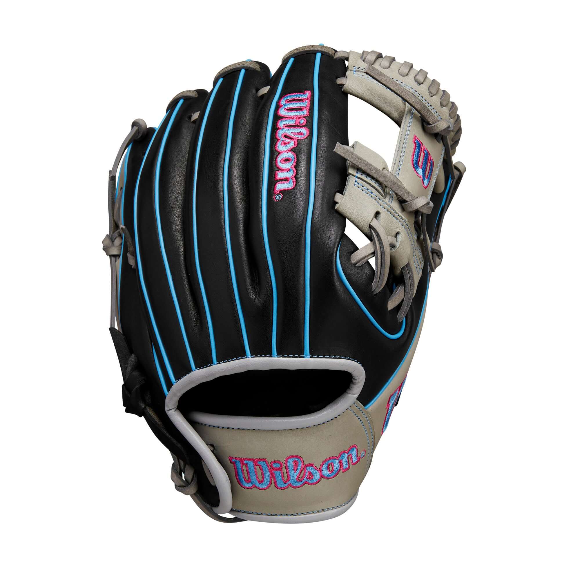 Wilson A1000® DP15 black and grey baseball glove with cool blue accents, 11.5” for young infielders, showcasing H-Web design.