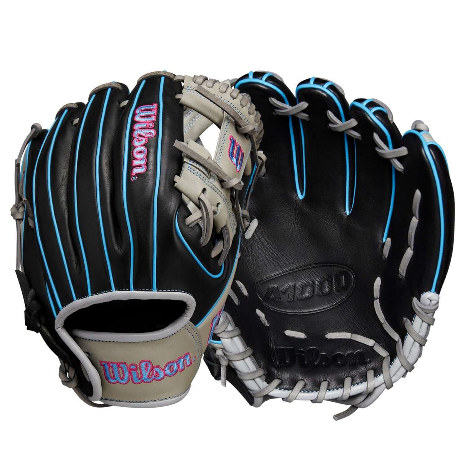 Wilson A1000® DP15 glove in black and grey with cool blue accents, ideal for infield positions for youth players.