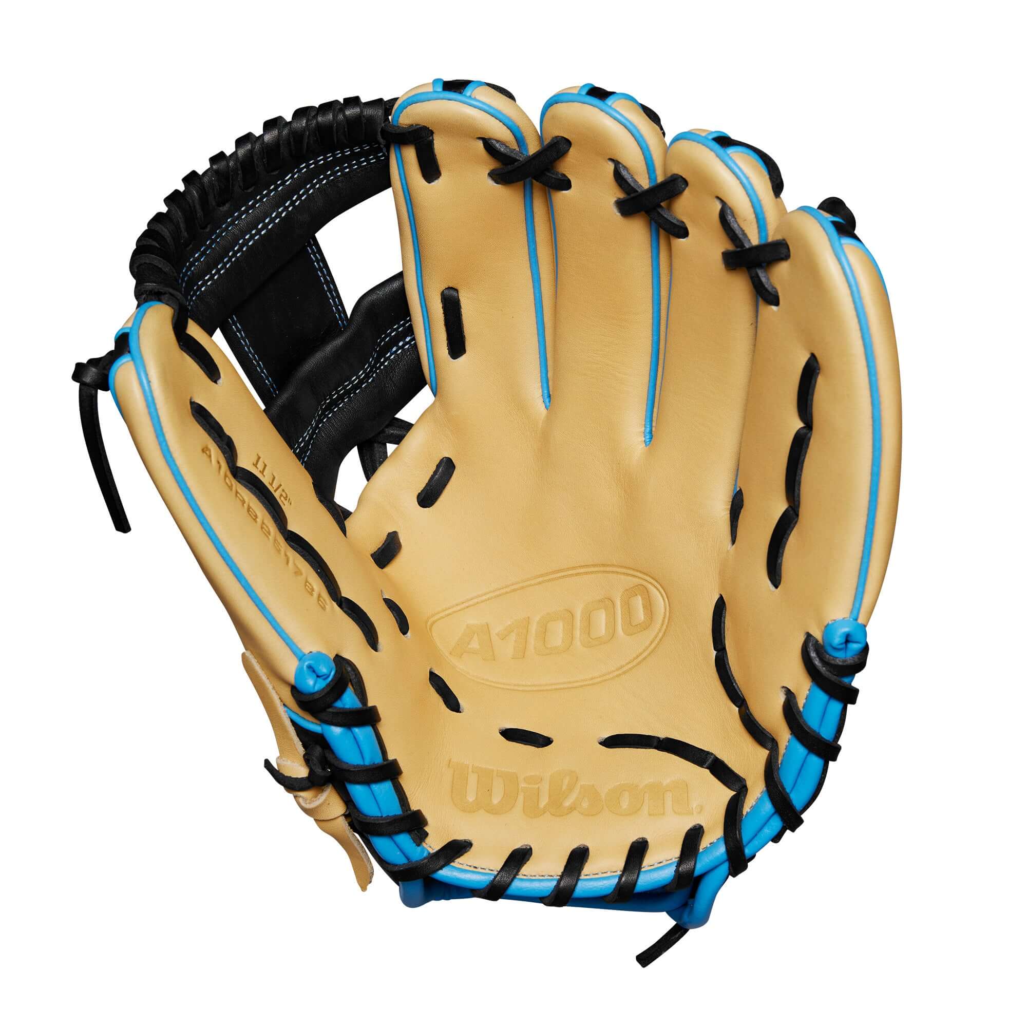 Wilson A1000® 1786 baseball glove in blonde and cool blue, designed for infield performance and tough plays.