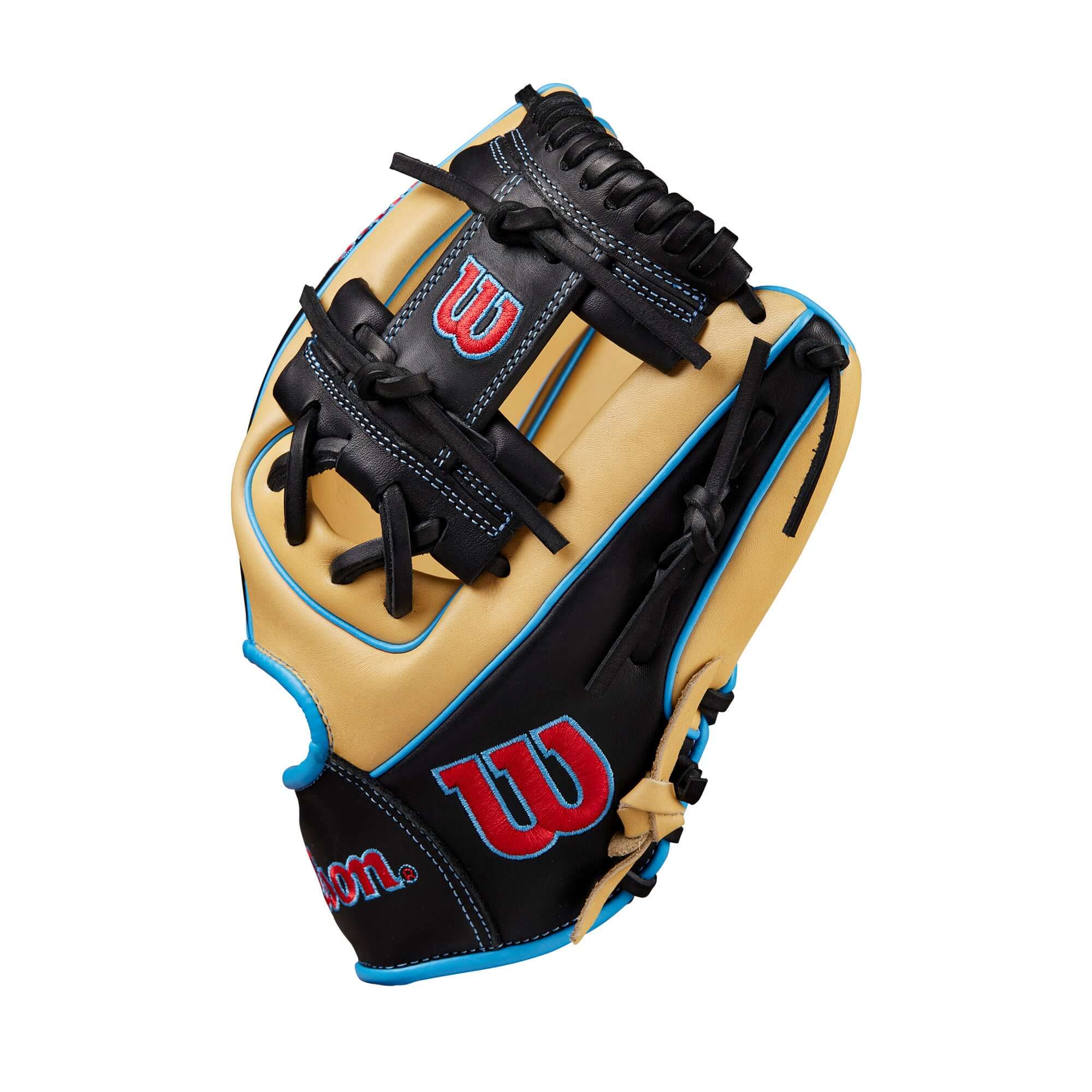 Wilson A1000® 1786 infield baseball glove, 11.5”, Blonde/Black/Cool Blue, designed for professional-level performance.
