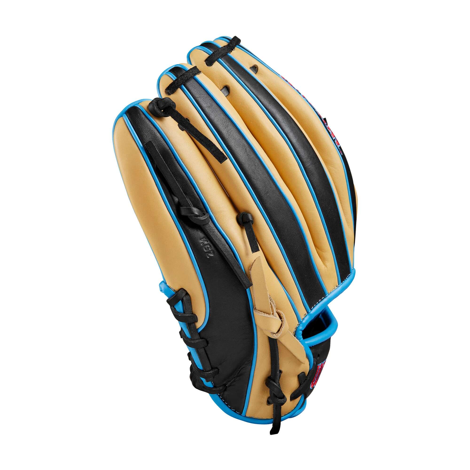 BTL Wilson A1000® 1786 infield baseball glove in blonde and black with cool blue accents, 11.5” glove design.