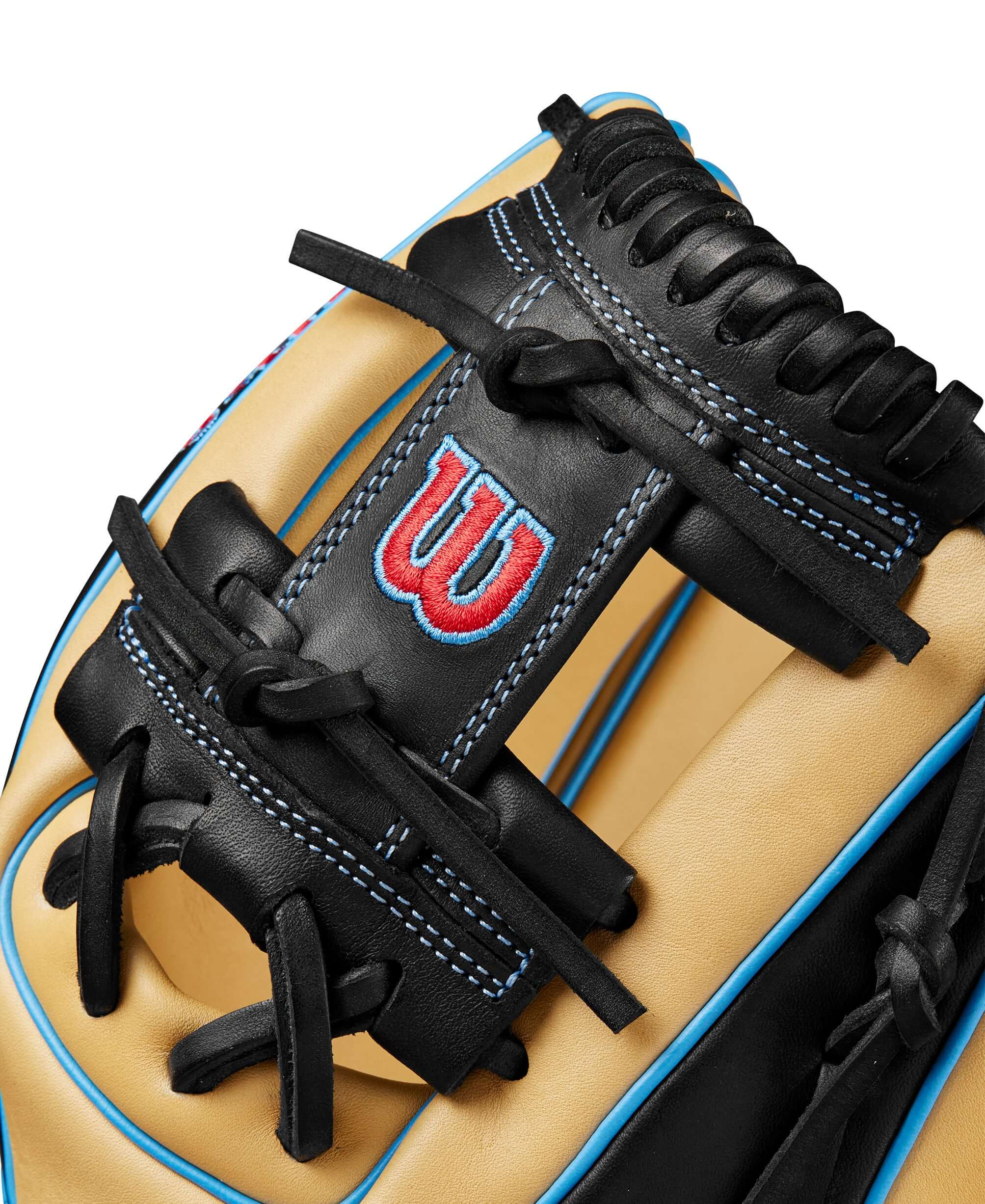 Close-up of the BTL Wilson A1000® 1786 baseball glove showcasing the lacing, logo, and craftsmanship details.