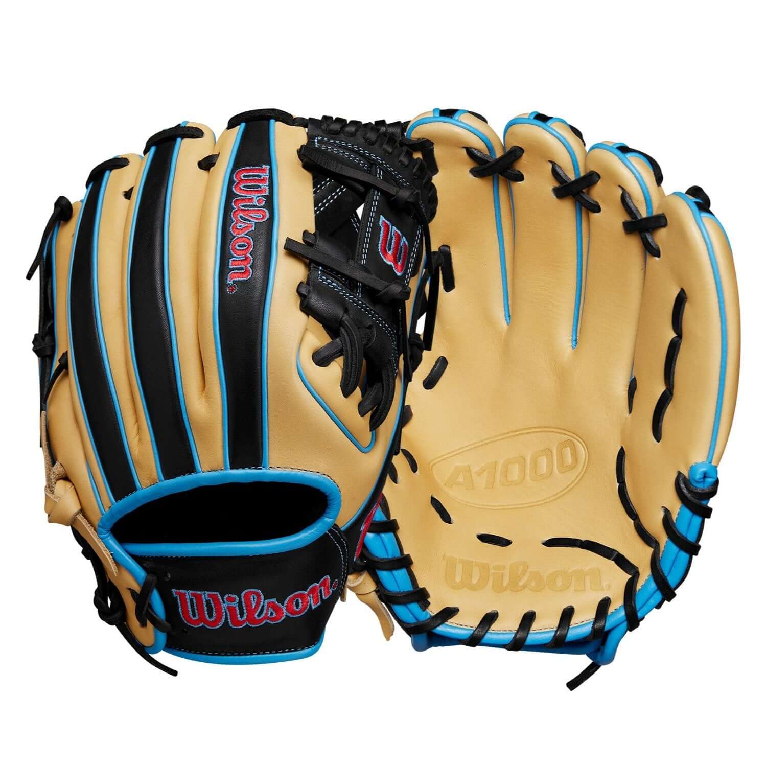 BTL Wilson A1000® 1786 infield baseball glove in Blonde/Black/Cool Blue, 11.5” size for professional play.