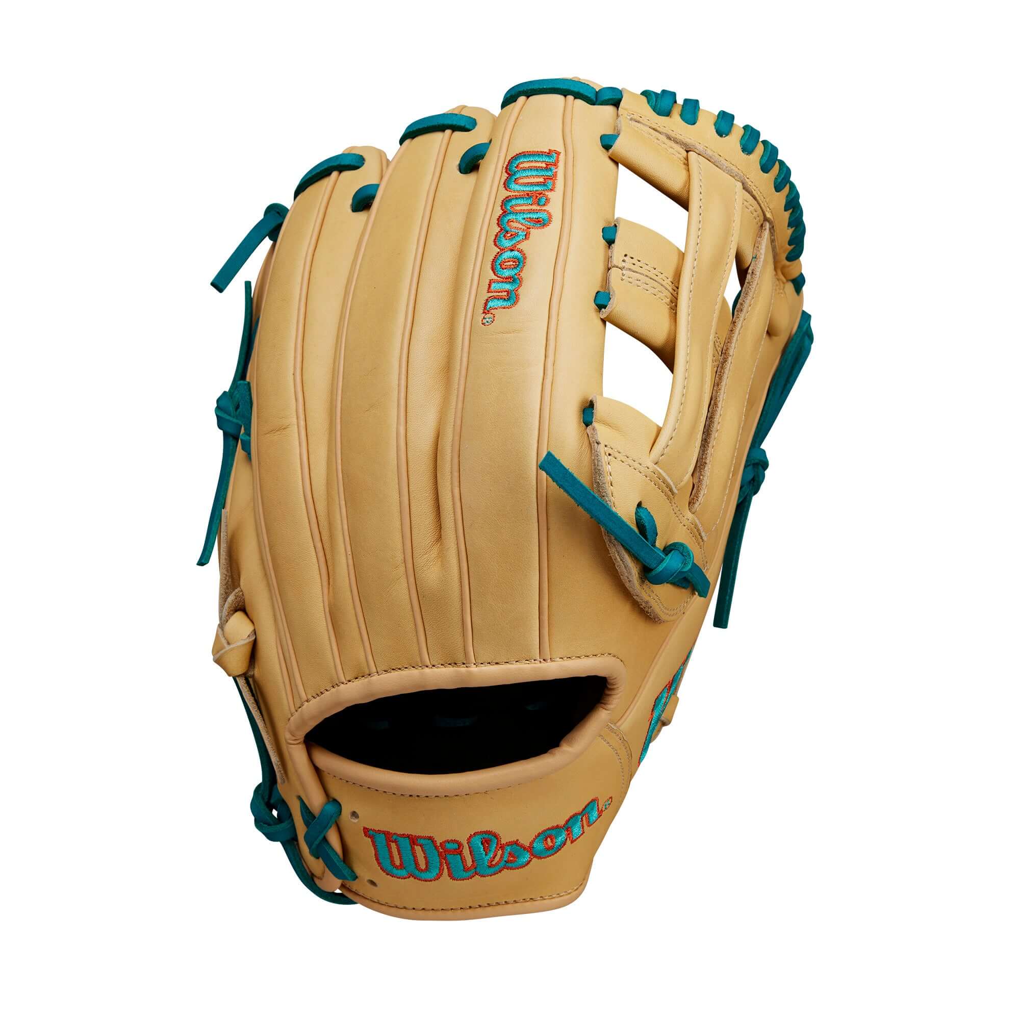 Back view of Wilson A1000 DW5 Infield Glove featuring the bold Wilson logos and adjustable wrist strap for comfort.