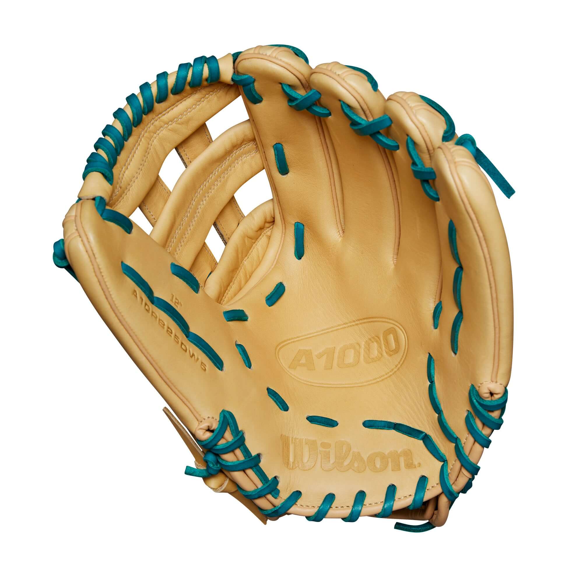 Close-up of the palm side of the Wilson A1000 DW5 Glove, highlighting the soft Blonde Full Grain leather and ergonomic design.