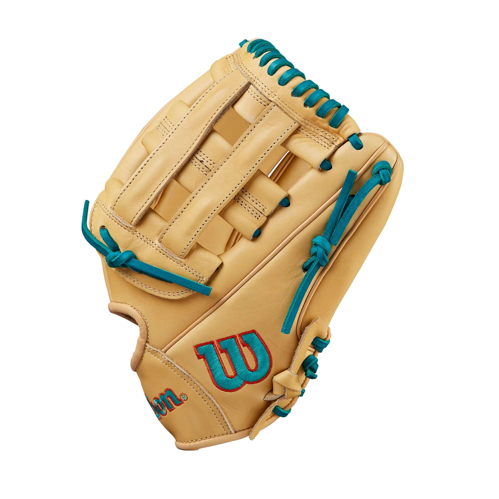 Left angle view focusing on the thumb of the Wilson A1000 DW5 Glove, showing the rolled welting and durable leather.