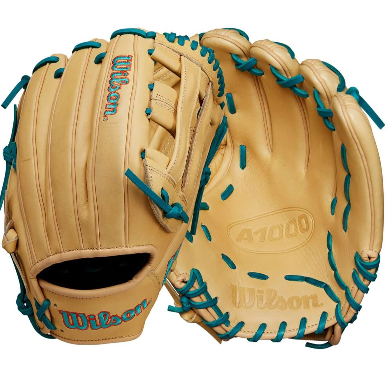 Front and back view of Wilson A1000 DW5 Infield Glove in Blonde/Teal, showcasing its Dual Post Web and sturdy leather design.