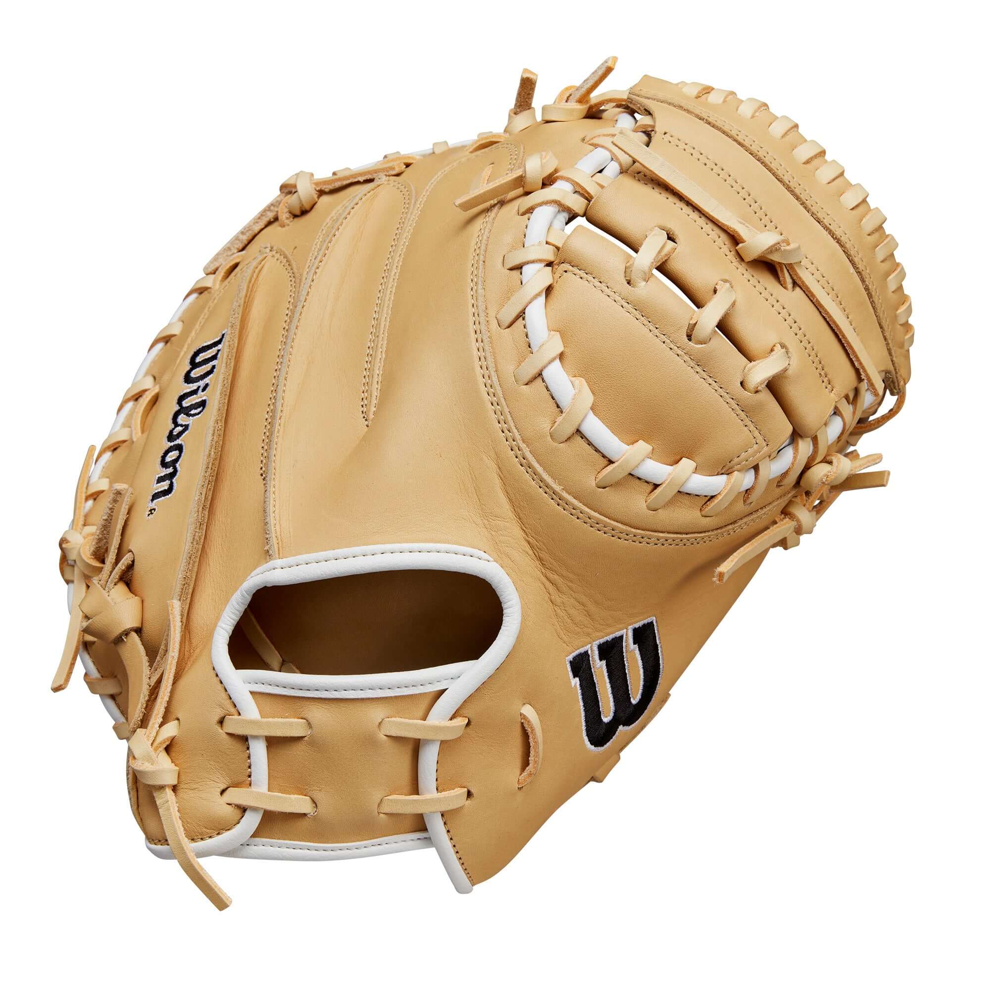 BTL Wilson Fall 2024 A1000® CM33 33” baseball catcher’s mitt in Blonde Full Grain leather, designed for optimal performance.