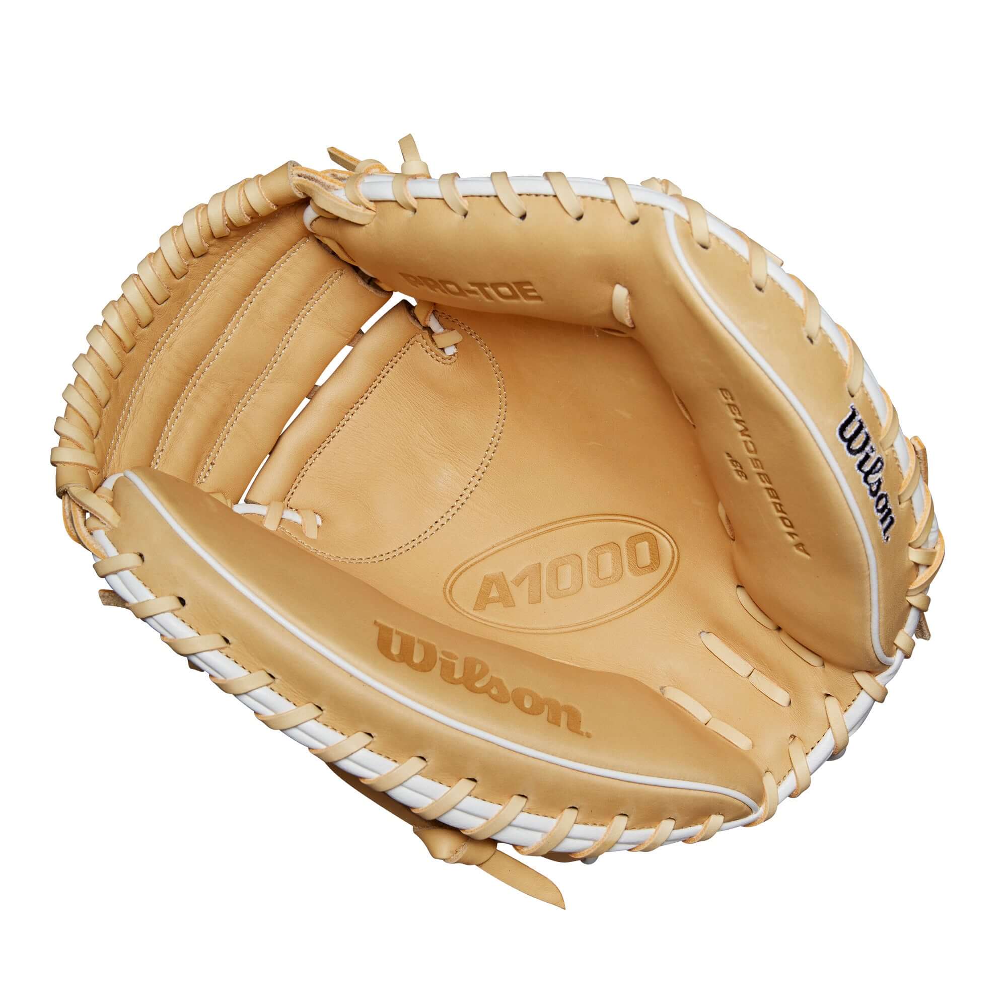 Wilson A1000® CM33 33” baseball catcher's mitt showcasing Blonde Full Grain leather for optimal performance.
