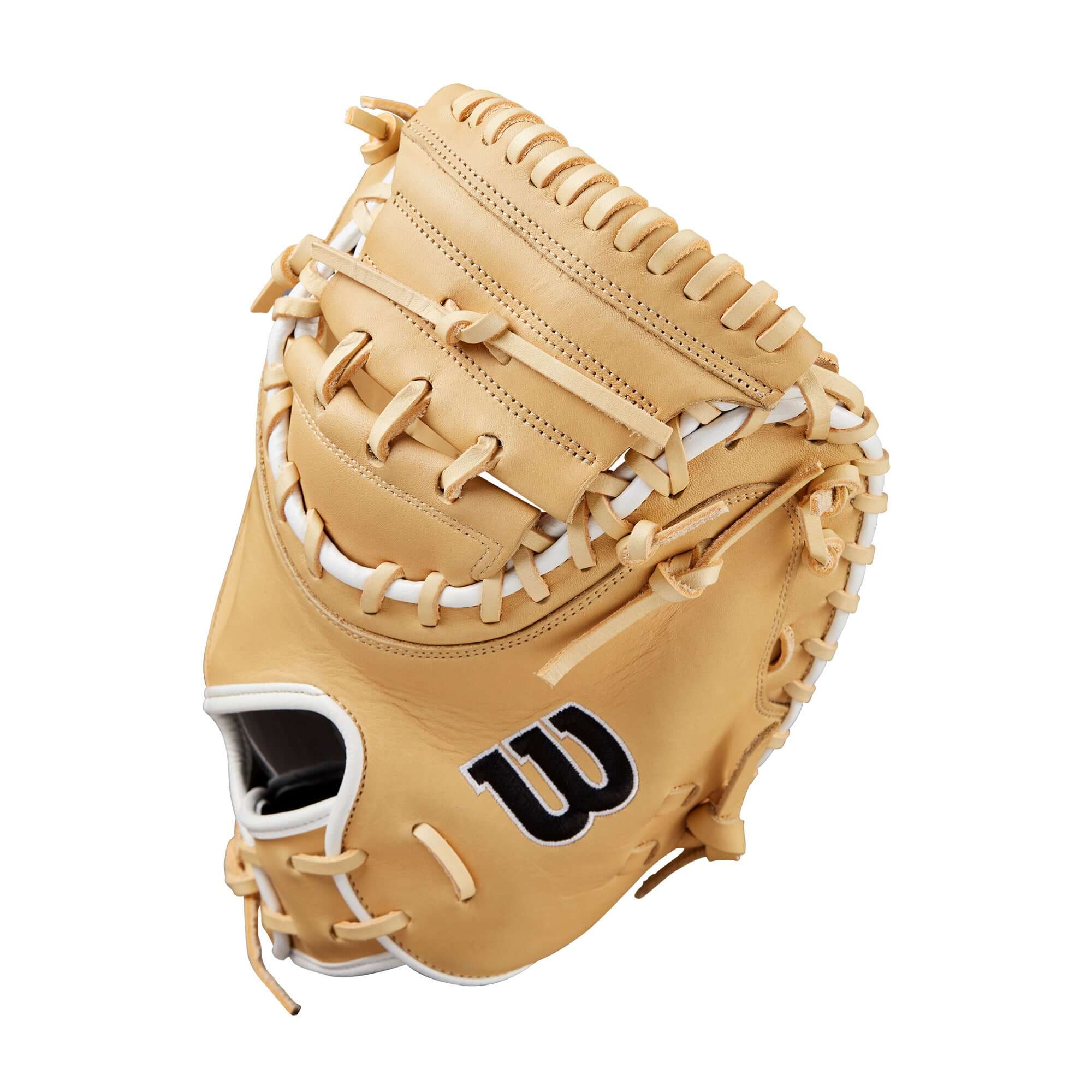 BTL Wilson Fall 2024 A1000® CM33 33” baseball catcher’s mitt with blonde leather and Half Moon Web design.