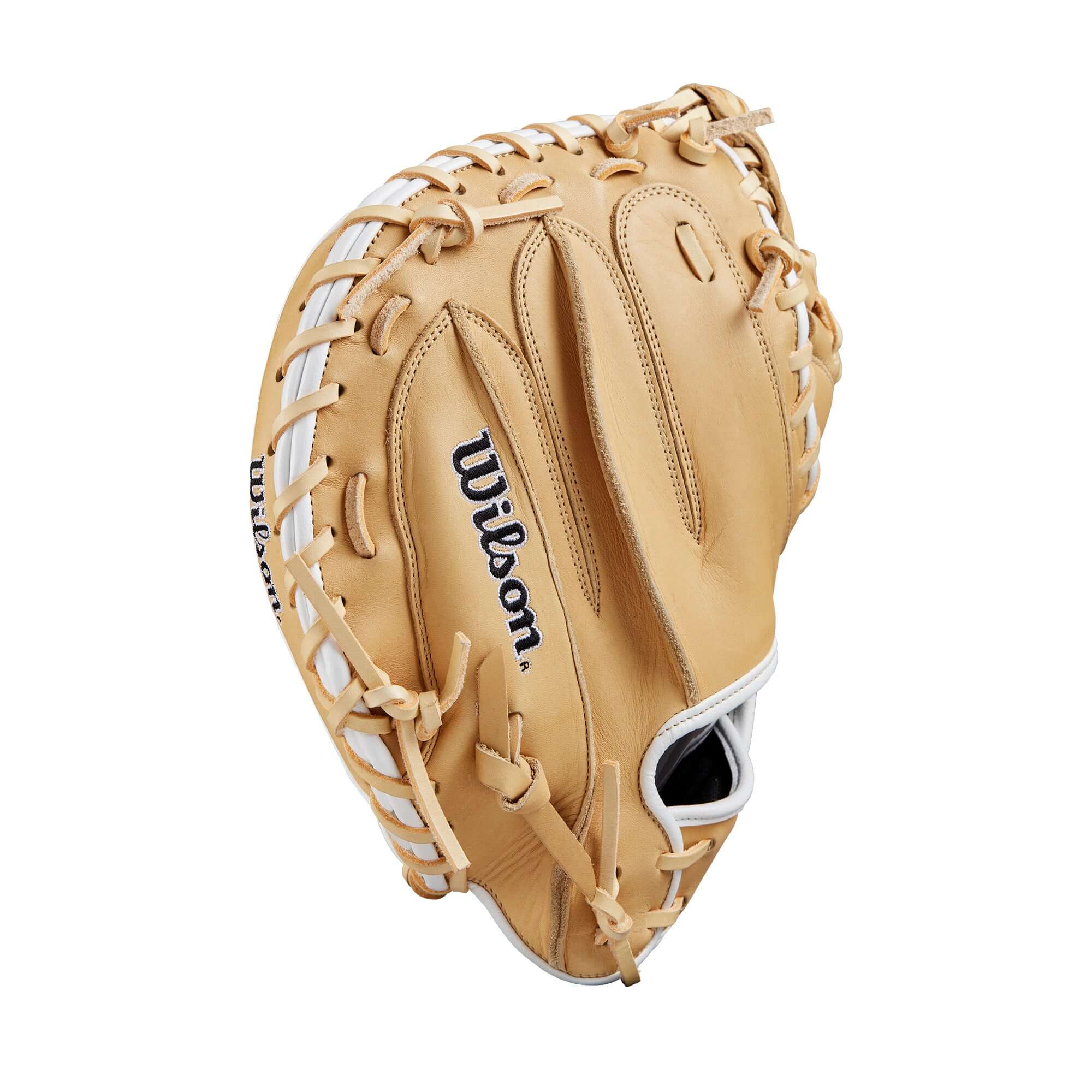 BTL Wilson Fall 2024 A1000® CM33 33” baseball catcher's mitt in blonde full grain leather, showcasing soft palm and Half Moon Web design.