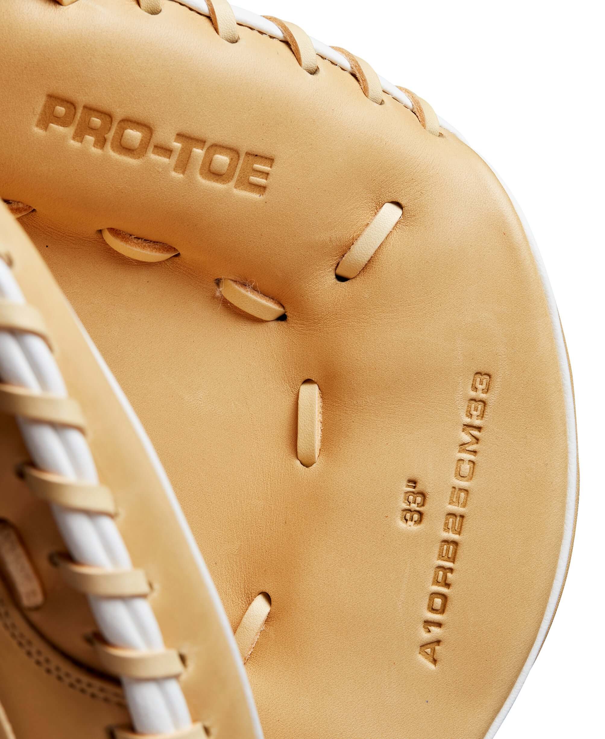 Inside view of BTL Wilson A1000® CM33 catcher’s mitt with PRO-TOE design, showcasing soft Blonde Full Grain leather.