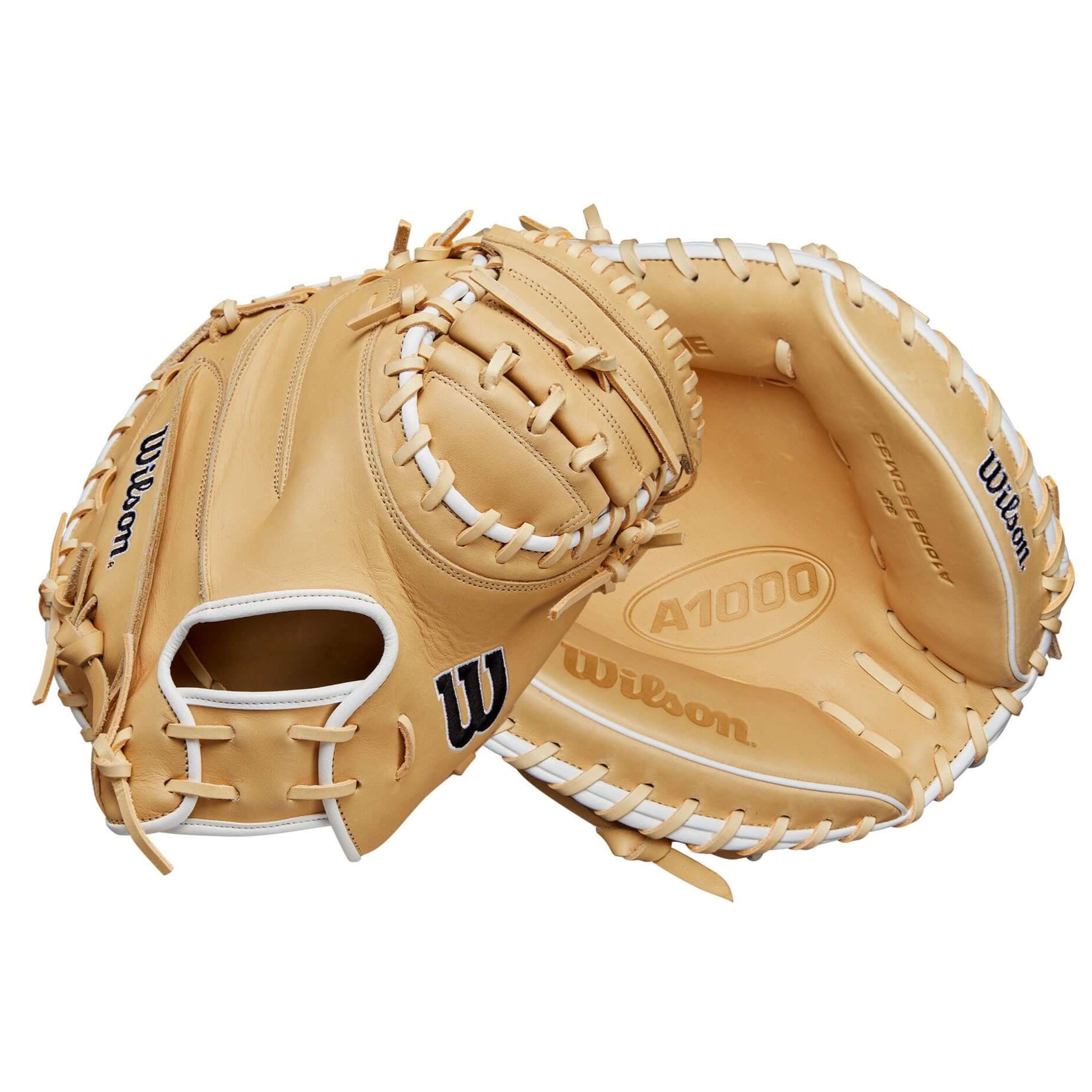 Wilson A1000 CM33 33” baseball catcher’s mitt in Blonde Full Grain leather, showcasing a soft and durable design for catchers.