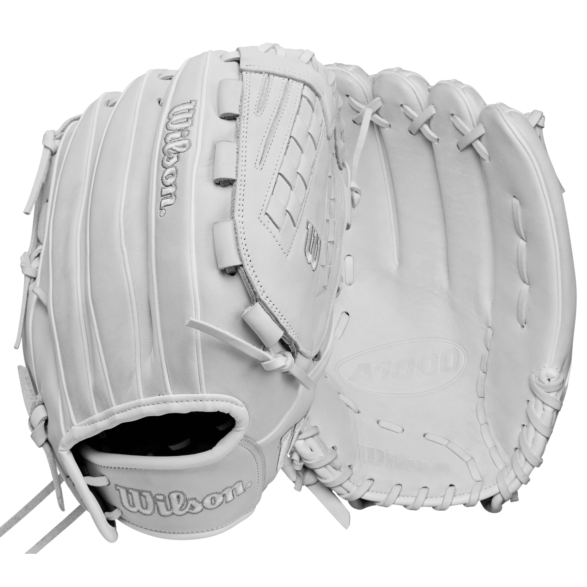 Wilson A1000FP V125 12.5" white/grey fastpitch softball glove for utility players and outfield catches.