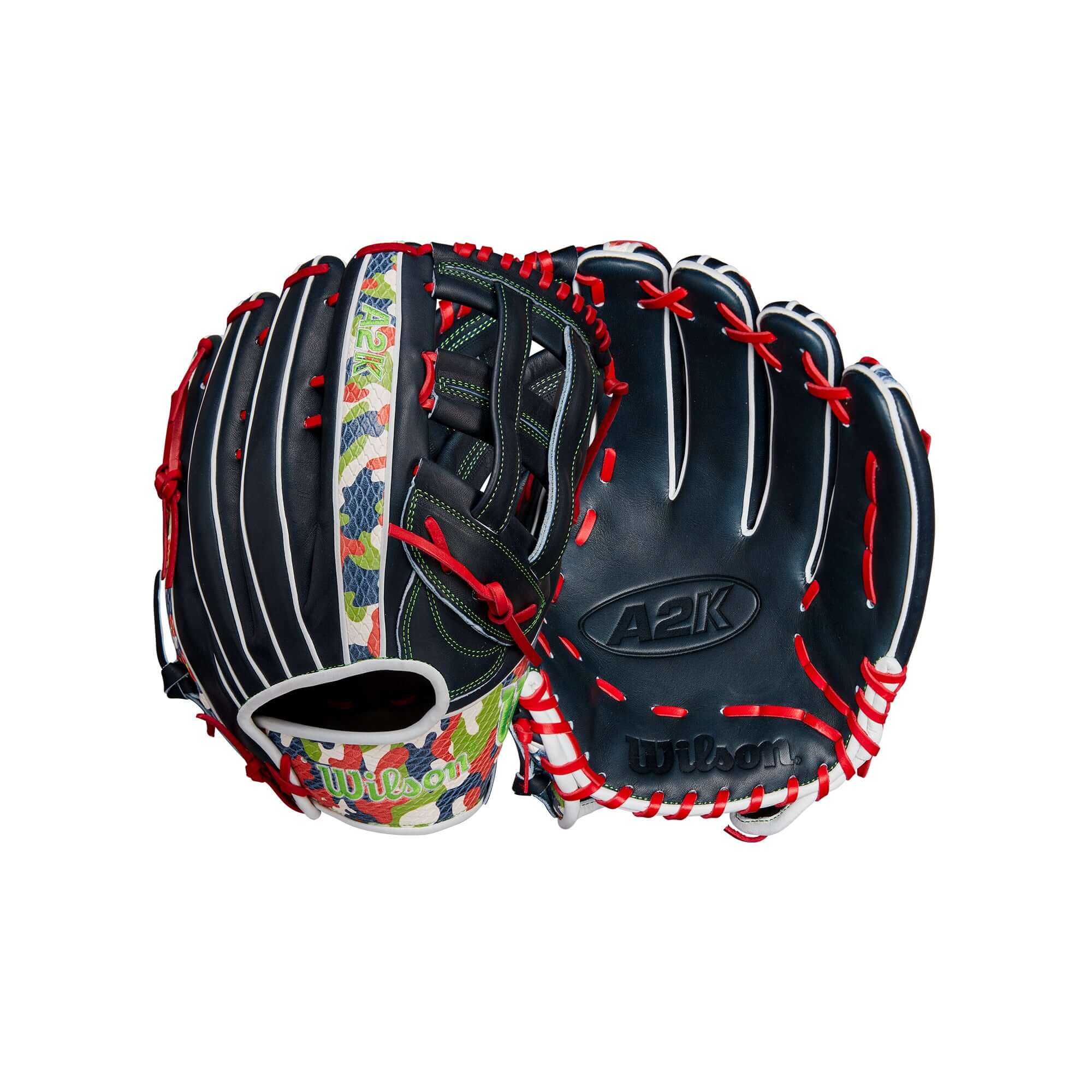 Wilson A2K Michael Harris outfield baseball glove in navy with neon green and red accents, 12.75" size.