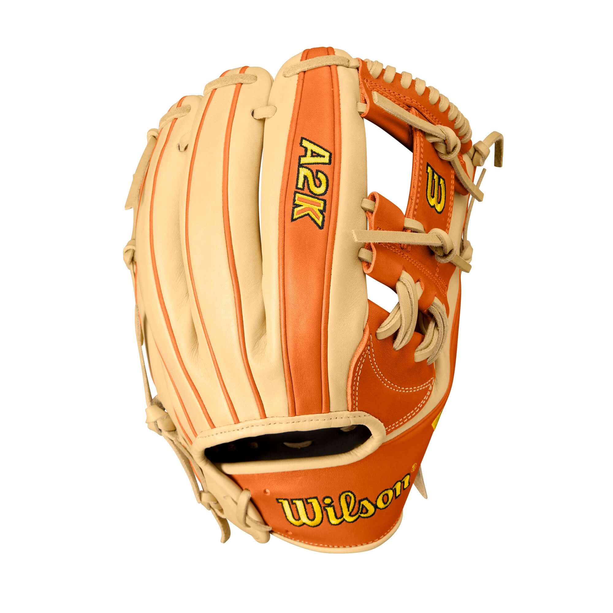 Wilson A2K 11.75" baseball glove in orange tan and blonde leather, designed by Matt Chapman for infield performance.