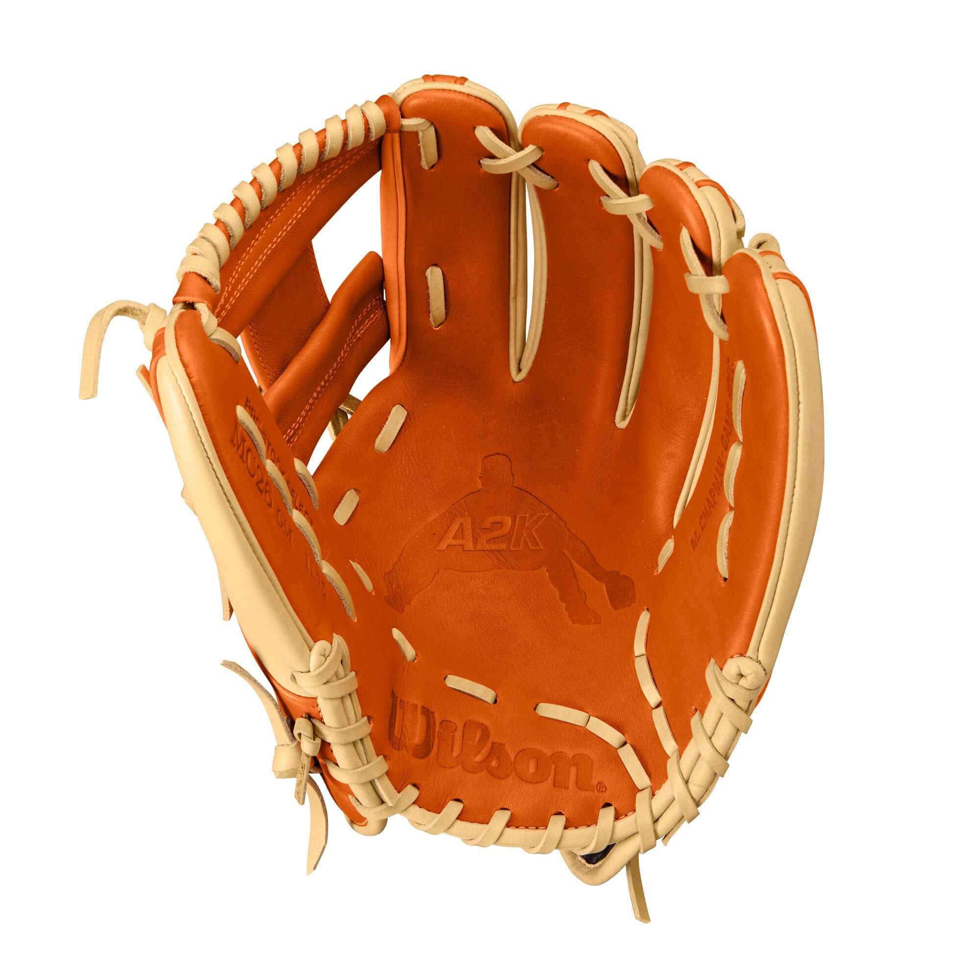 Wilson A2K Matt Chapman Game Model glove in Orange Tan and Blonde, designed for infield play, 11.75" with premium leather.