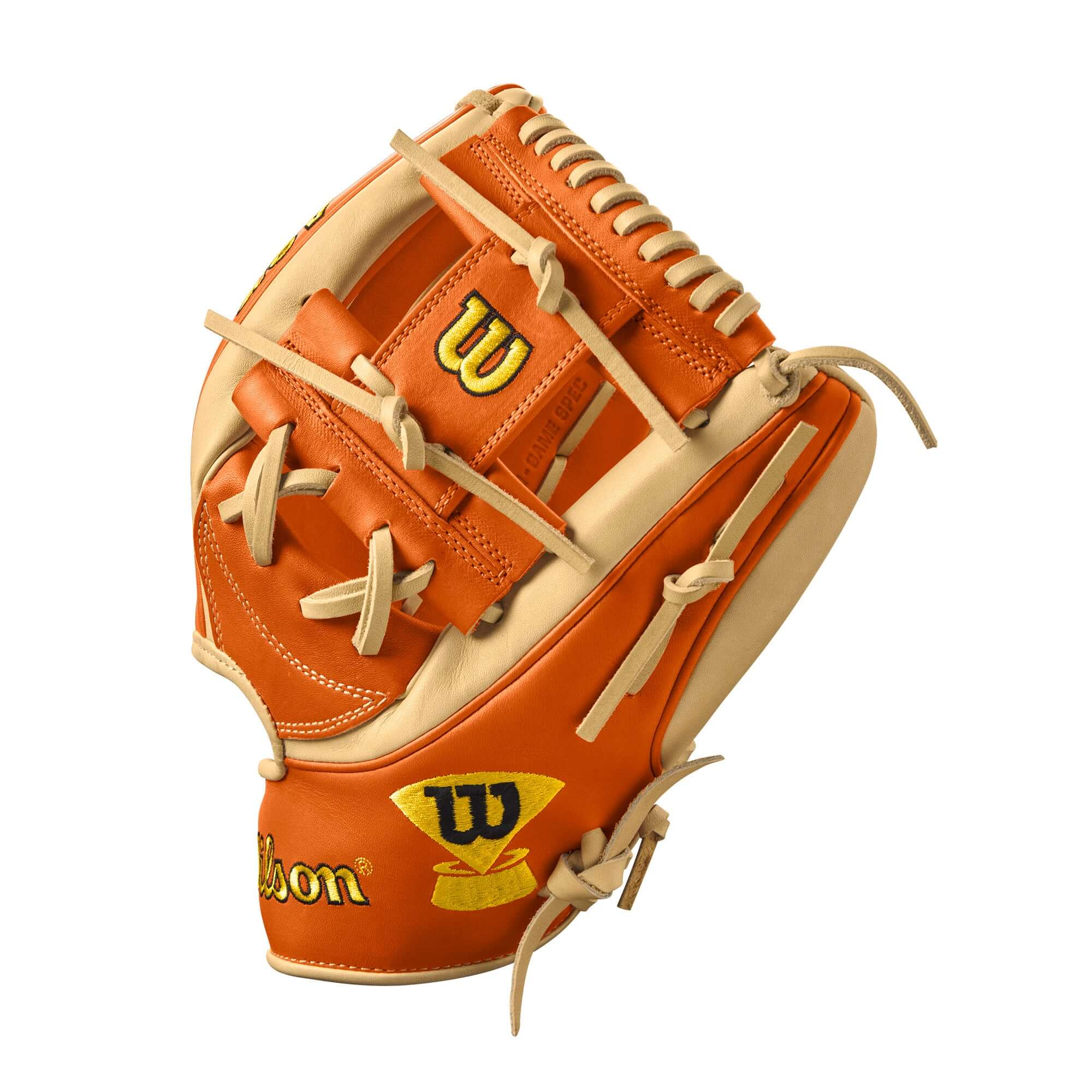 Wilson Winter 2024 A2K Matt Chapman Game Model glove in orange tan and blonde leather, designed for infield play.