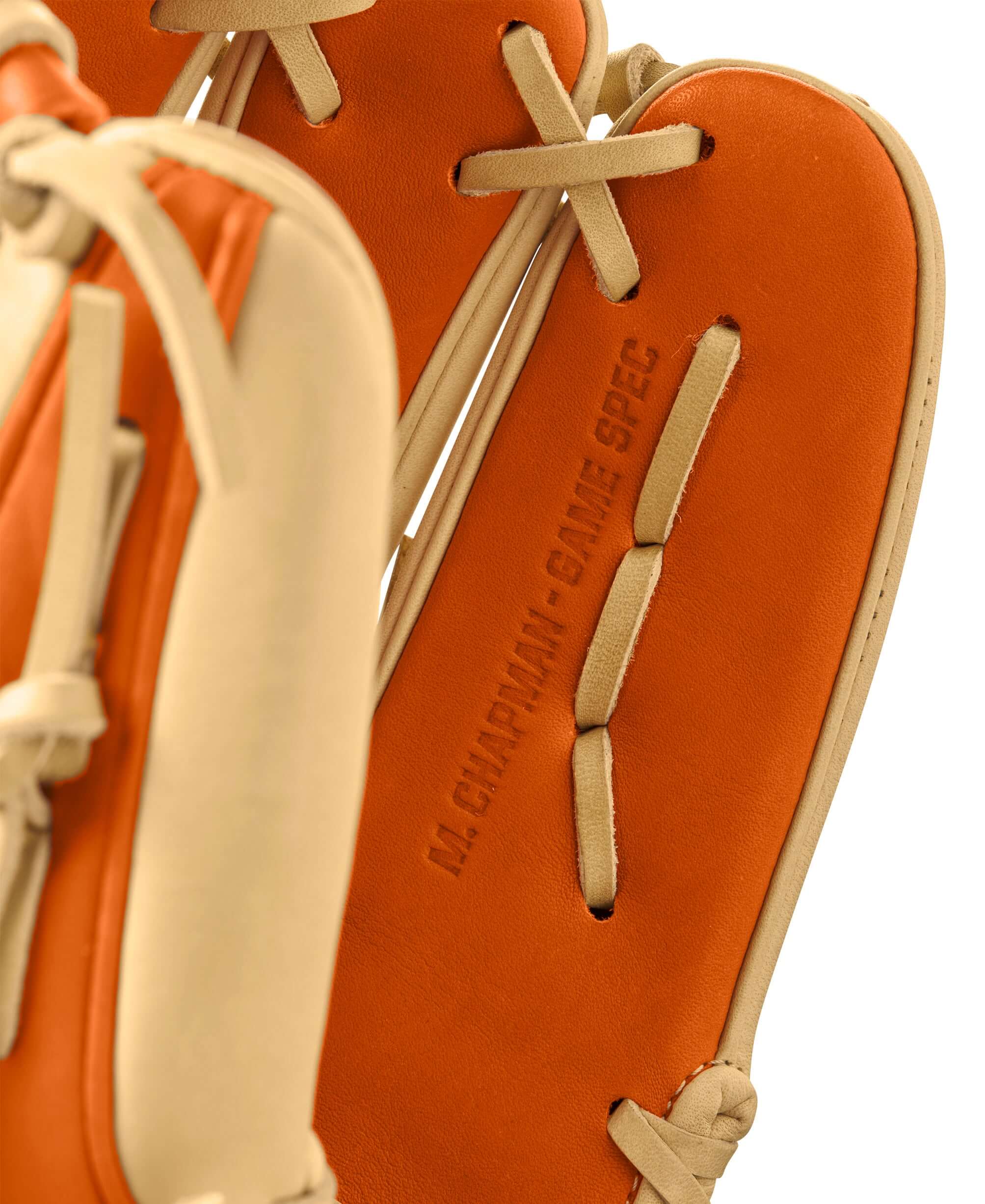 Close-up of the Wilson A2K Matt Chapman glove showing premium Orange Tan leather and signature detailing.