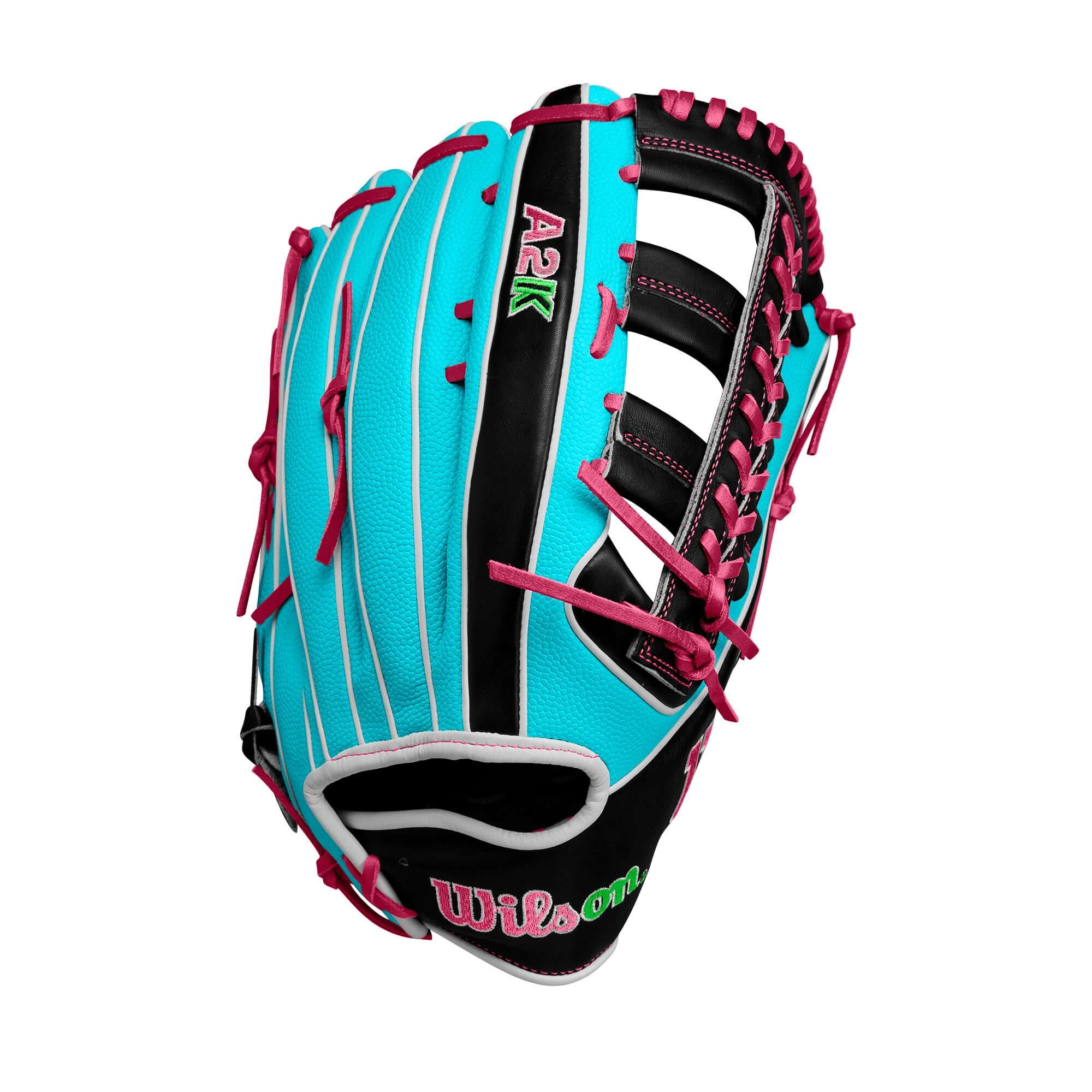 Wilson A2K 1810SS Seafoam/Black/Flamingo 12.75" outfield glove with Single Post Web design.