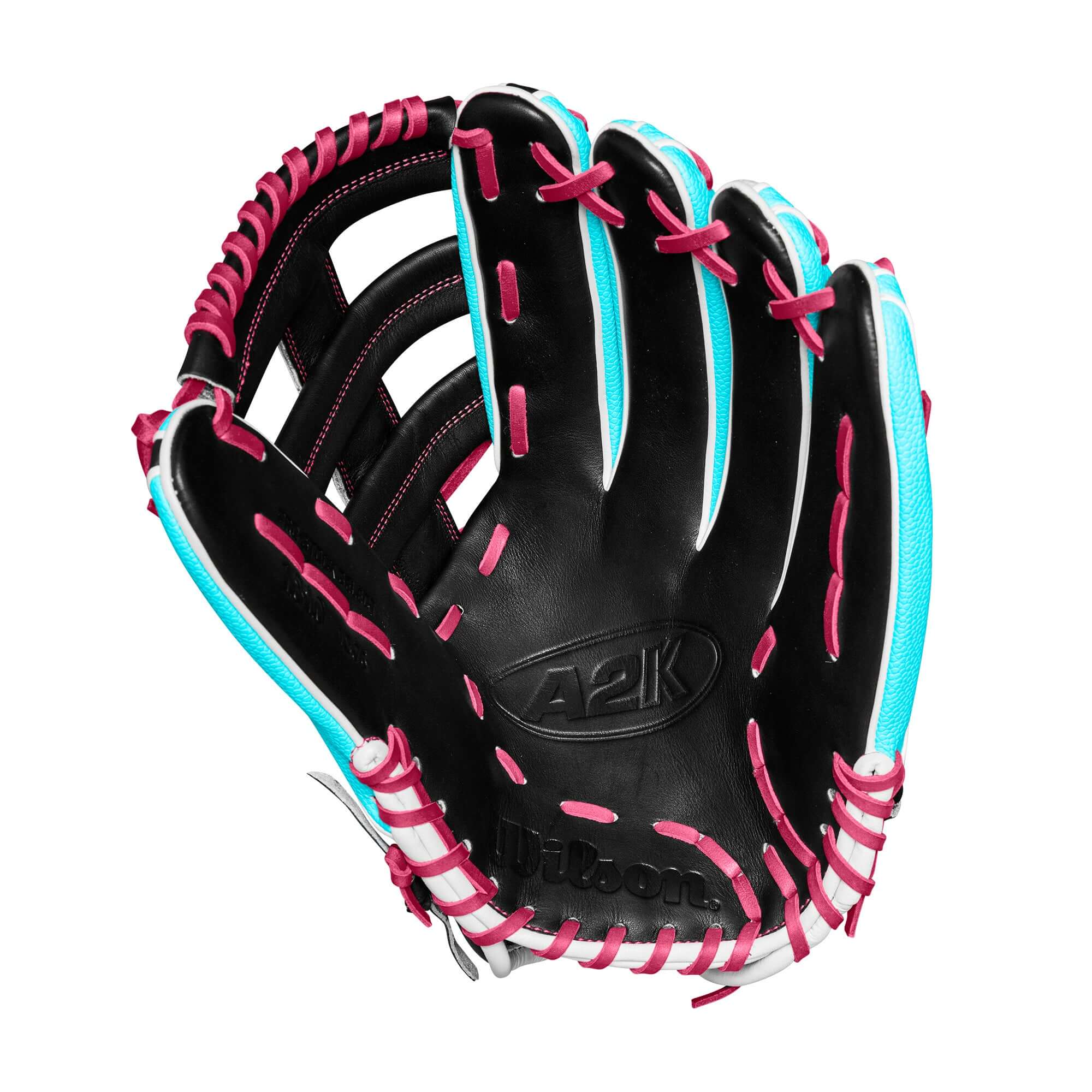 Wilson A2K 1810SS glove in seafoam, black, and flamingo colors, featuring a Single Post Web design for outfield play.