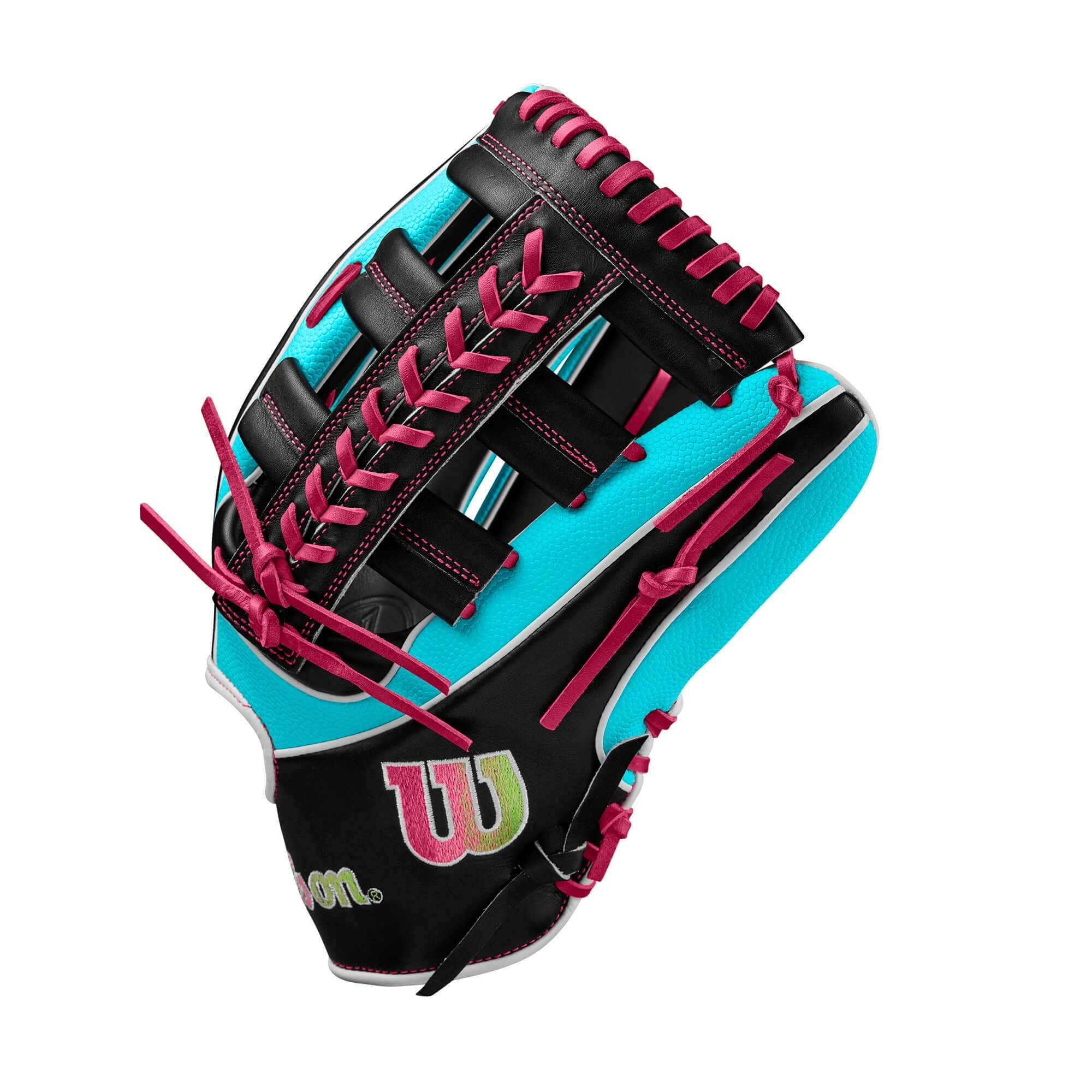 Wilson A2K 1810SS Seafoam/Black/Flamingo 12.75” outfield glove with Single Post Web design.