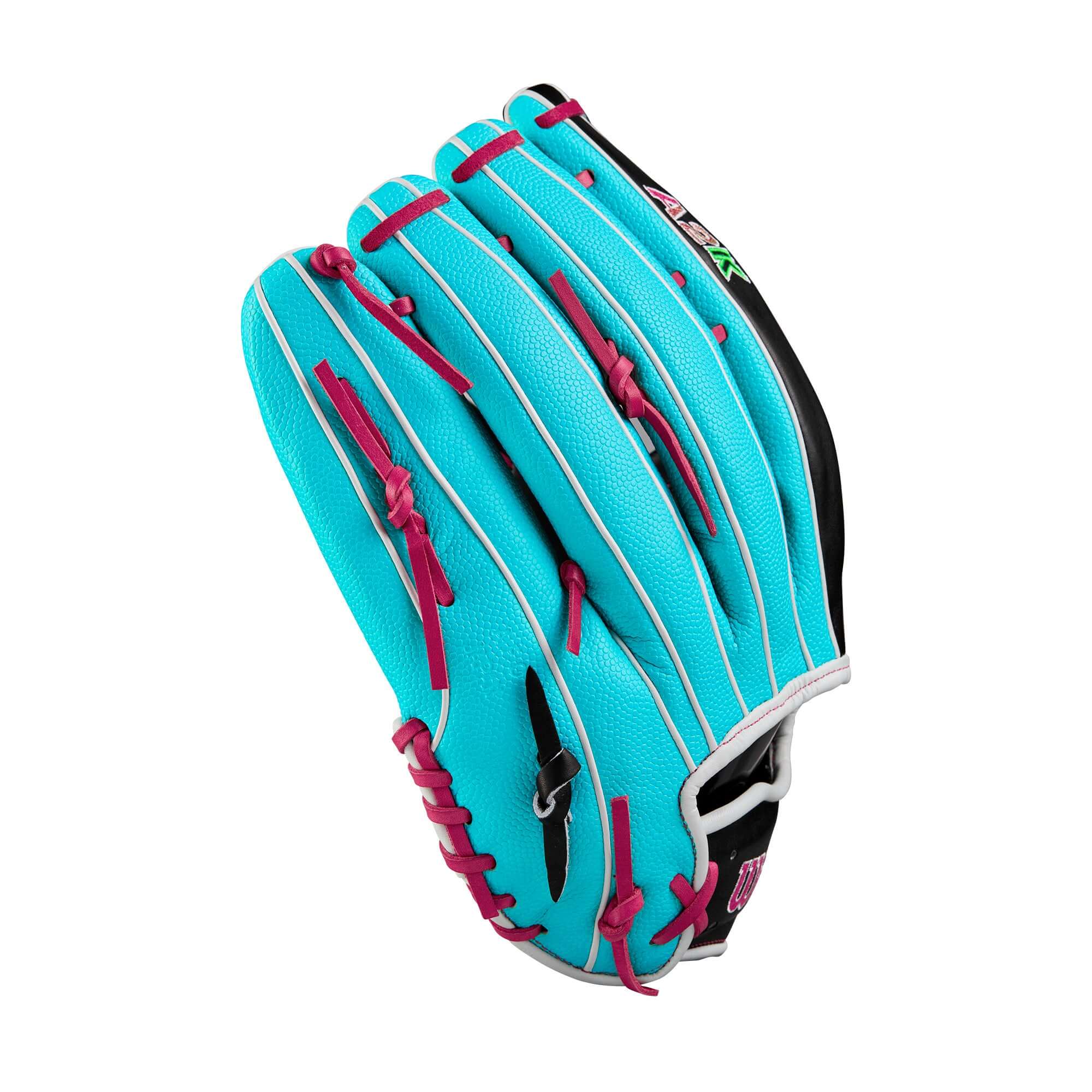 Wilson Winter 2024 A2K 1810SS 12.75" outfield glove in teal SuperSkin with pink accents and black leather palm.