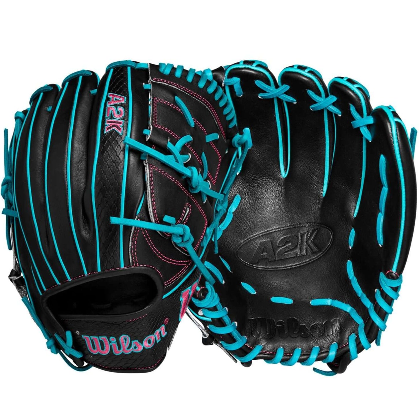 Wilson A2000 A2K B2 Pitcher's glove in black and teal, featuring a closed 2-piece web design for enhanced grip.