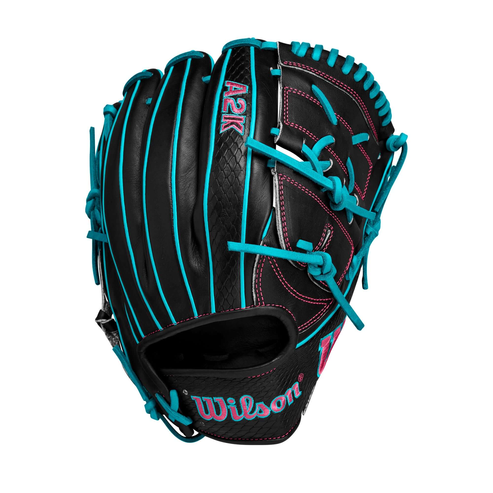 Wilson A2K B2 Black/Teal/Flamingo baseball glove, 12" pitcher’s glove with Closed 2-Piece Web for flexibility.