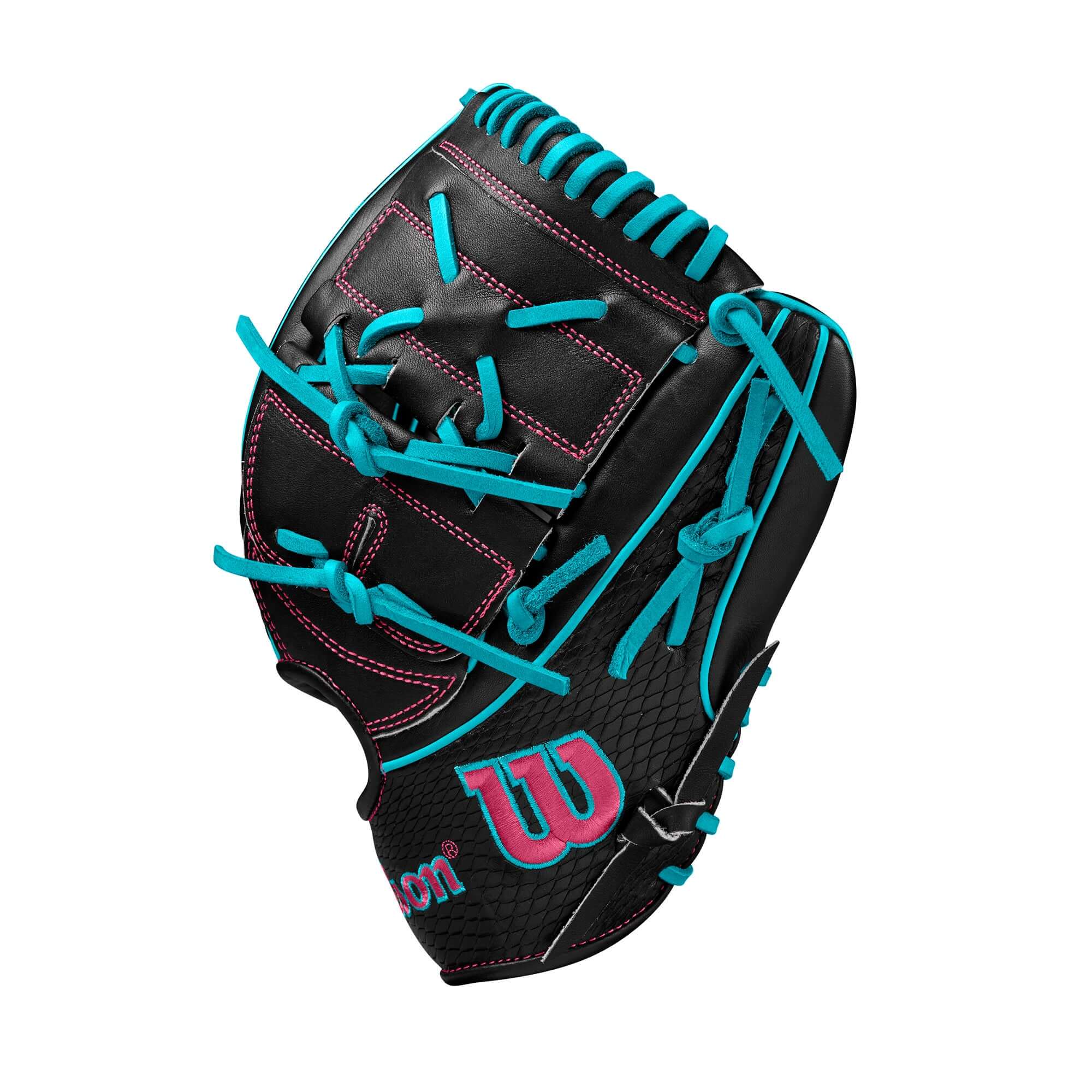 Wilson Spring 2025 A2K B2 12" LHT baseball glove in black with teal and flamingo accents.
