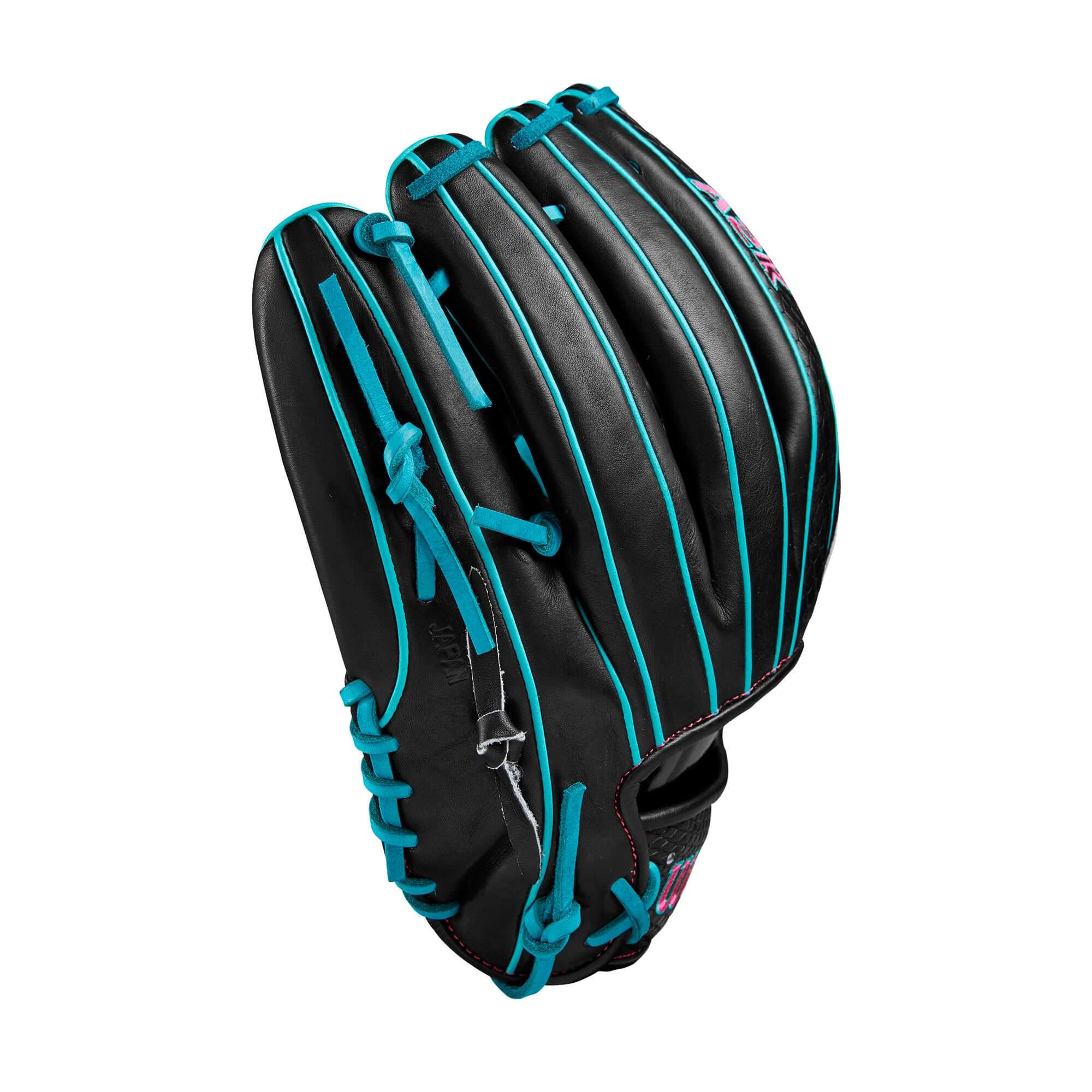 Wilson A2K B2 black baseball glove with teal and flamingo accents, featuring closed 2-piece web and pro stock leather.