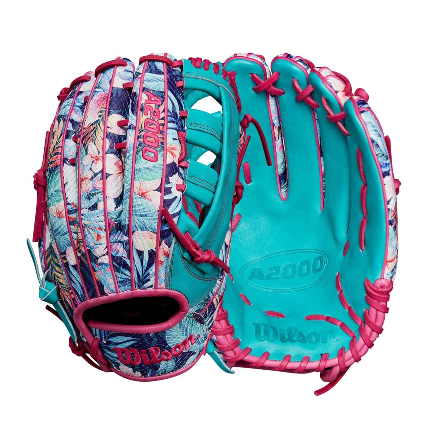 Wilson A2000 Randy Arozarena 12.75" outfield baseball glove in floral design with teal palm.